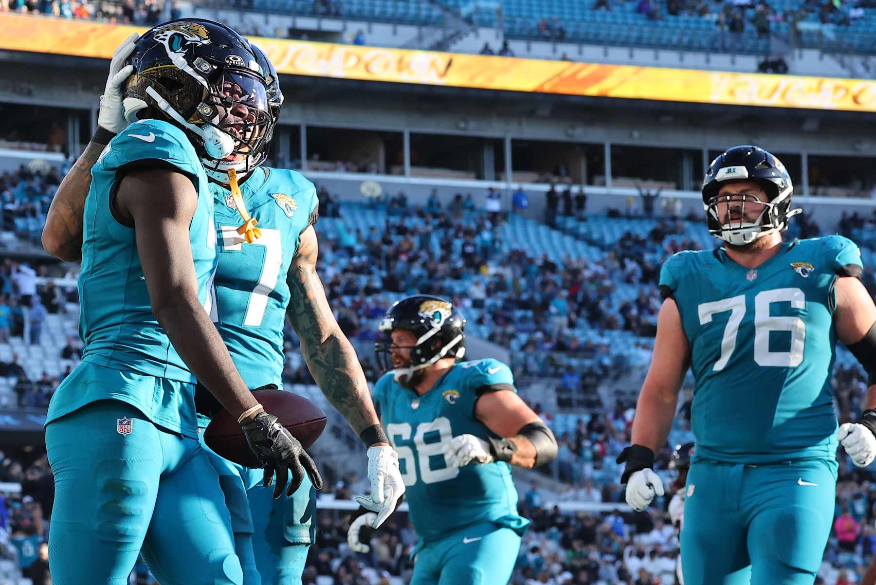JACKSONVILLE, FLORIDA - DECEMBER 01: Brian Thomas Jr. #7 of the Jacksonville Jaguars celebrates a fourth quarter touchdown against the Houston Texans at EverBank Stadium on December 01, 2024 in Jacksonville, Florida. (Photo by Mike Carlson/Getty Images)