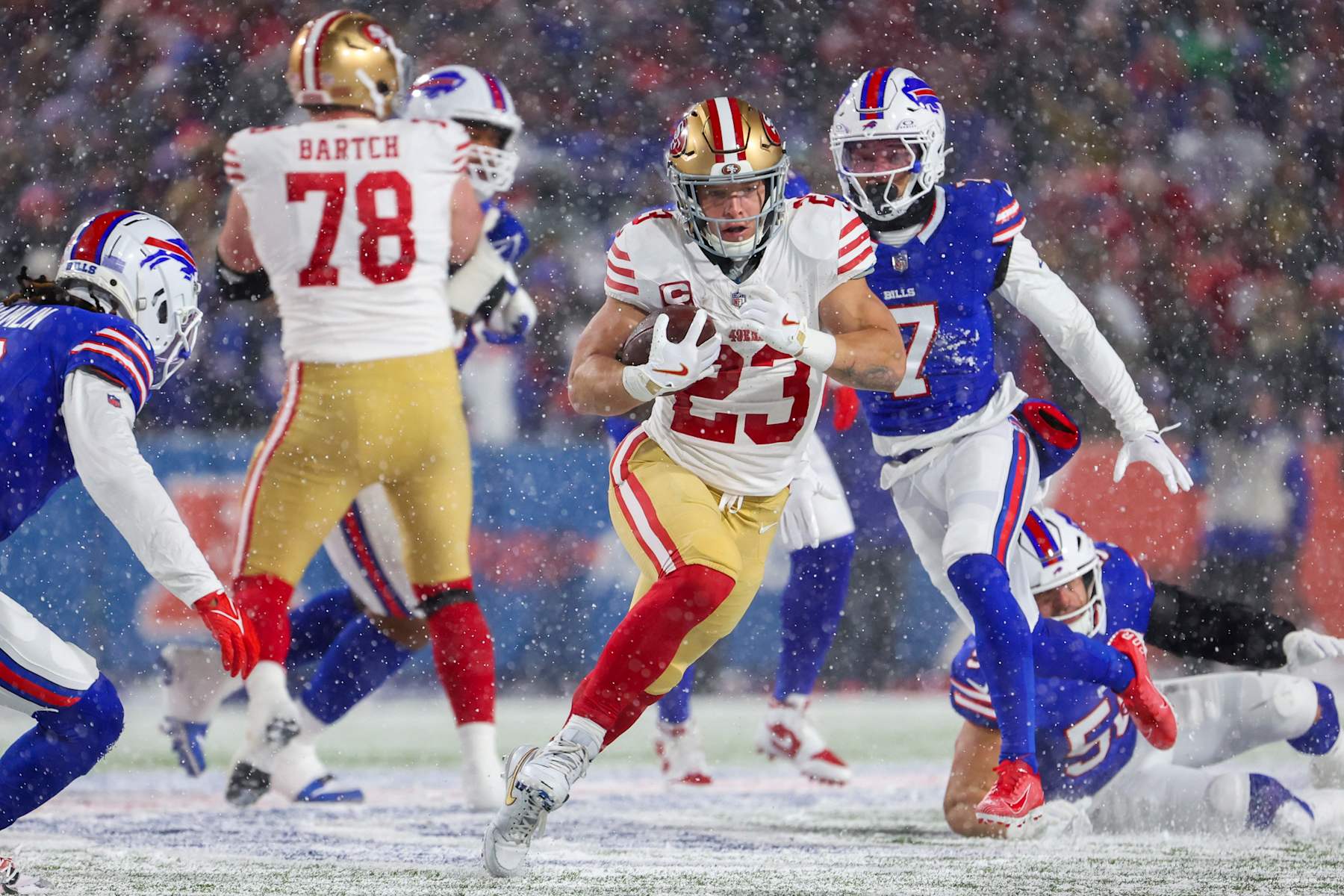 ORCHARD PARK, NEW YORK - DECEMBER 01: Christian McCaffrey #23 of the San Francisco 49ers runs the ball up the field in the first quarter of a game against the Buffalo Bills at Highmark Stadium on December 01, 2024 in Orchard Park, New York. (Photo by Timothy T Ludwig/Getty Images)
