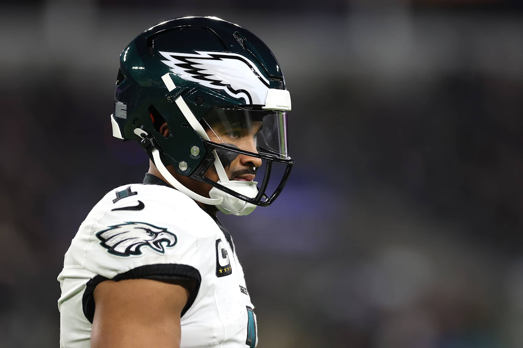 BALTIMORE, MARYLAND - DECEMBER 01: Jalen Hurts #1 of the Philadelphia Eagles looks on during the first quarter against the Baltimore Ravens at M&T Bank Stadium on December 01, 2024 in Baltimore, Maryland. (Photo by Patrick Smith/Getty Images)