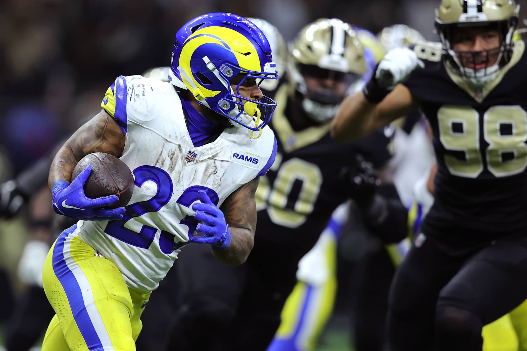NEW ORLEANS, LOUISIANA - DECEMBER 01: Kyren Williams #23 of the Los Angeles Rams runs with the ball during the fourth quarter against the New Orleans Saints at Caesars Superdome on December 01, 2024 in New Orleans, Louisiana. (Photo by Jonathan Bachman/Getty Images)