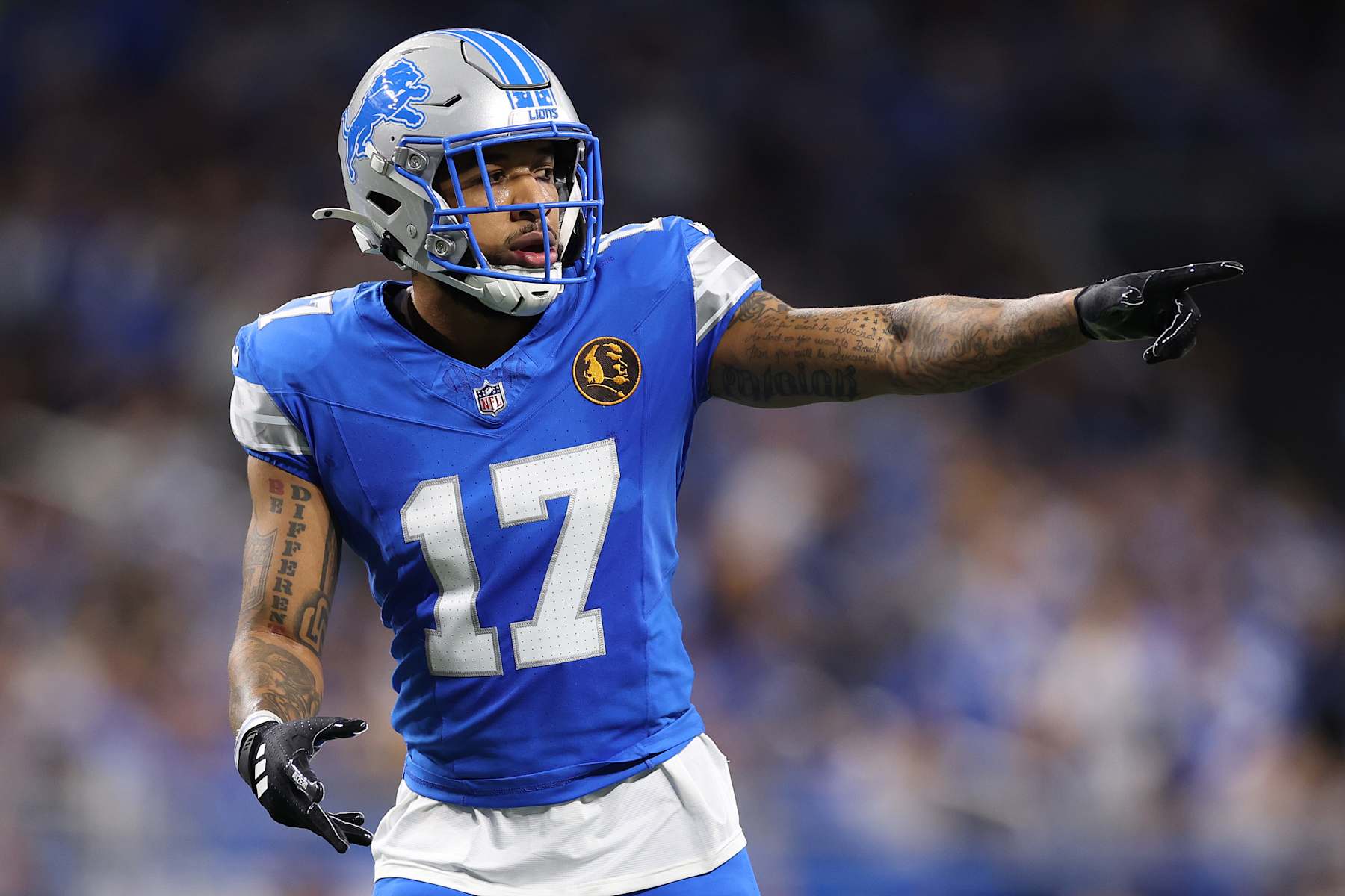 DETROIT, MICHIGAN - NOVEMBER 28: Tim Patrick #17 of the Detroit Lions looks on during the first quarter against the Chicago Bears at Ford Field on November 28, 2024 in Detroit, Michigan. (Photo by Mike Mulholland/Getty Images)
