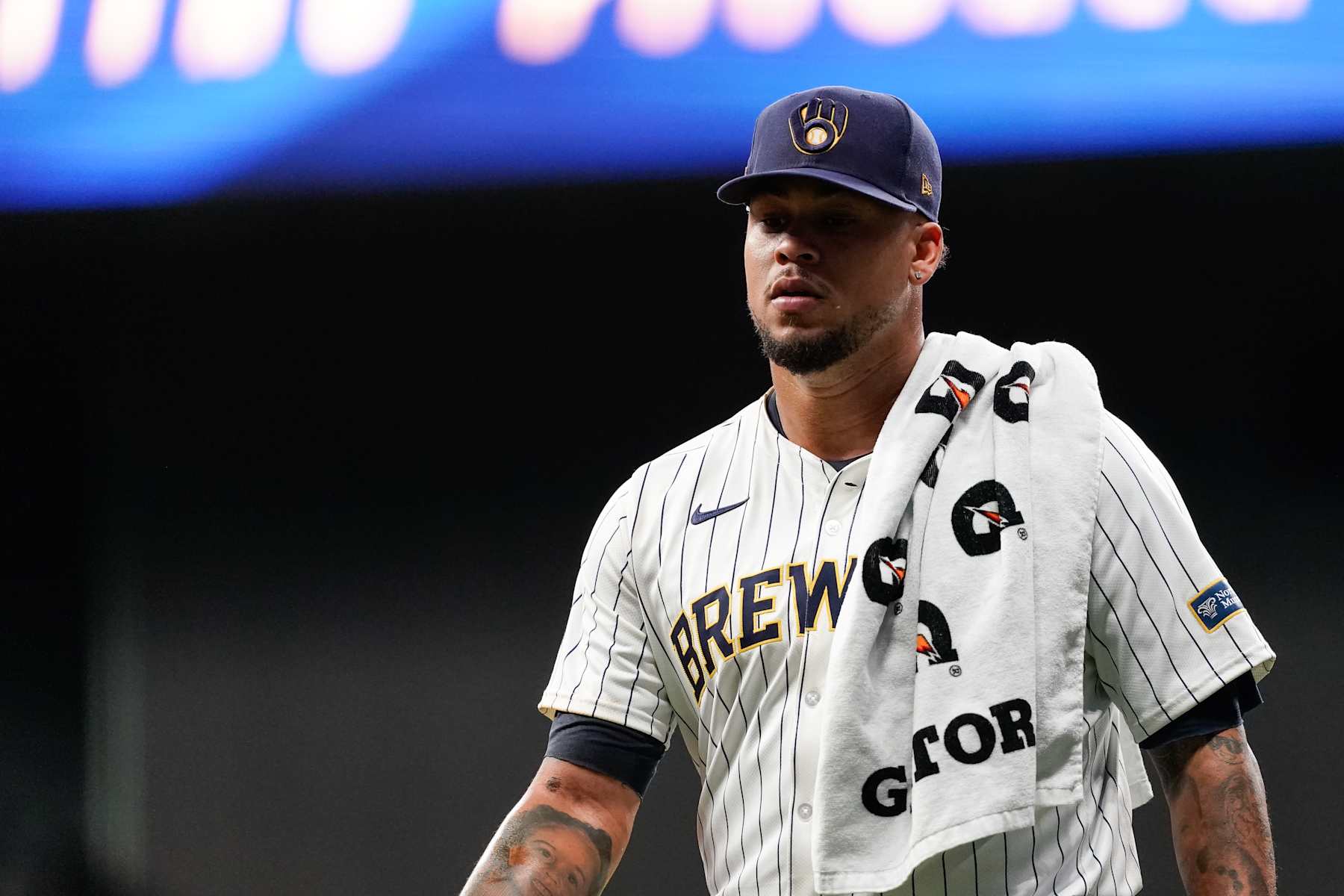 MILWAUKEE, WI - OCTOBER 02: Frankie Montas #47 of the Milwaukee Brewers takes the field prior to Game 2 of the Wild Card Series presented by T-Mobile 5G Home Internet between the New York Mets and the Milwaukee Brewers at American Family Field on Wednesday, October 2, 2024 in Milwaukee, Wisconsin. (Photo by Aaron Gash/MLB Photos via Getty Images)