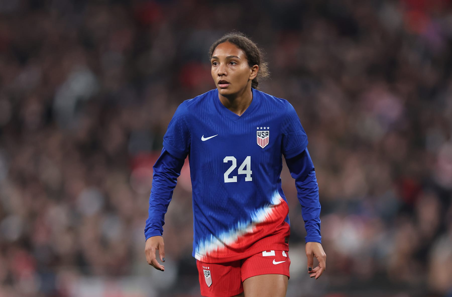 LONDON, ENGLAND - NOVEMBER 30: Yazmeen Ryan of United States  during the Women's international friendly between England and the USA at Wembley Stadium on November 30, 2024 in London, England. (Photo by Catherine Ivill - AMA/Getty Images)