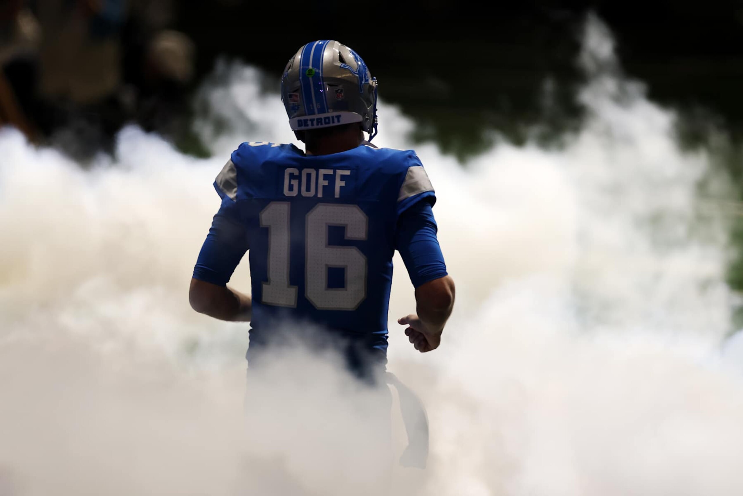 DETROIT, MICHIGAN - NOVEMBER 28: Quarterback Jared Goff #16 of the Detroit Lions takes the field prior to a game against the Chicago Bears at Ford Field on November 28, 2024 in Detroit, Michigan. (Photo by Gregory Shamus/Getty Images) DETROIT, MICHIGAN - NOVEMBER 28: Quarterback Jared Goff #16 of the Detroit Lions takes the field prior to a game against the Chicago Bears at Ford Field on November 28, 2024 in Detroit, Michigan. (Photo by Gregory Shamus/Getty Images)