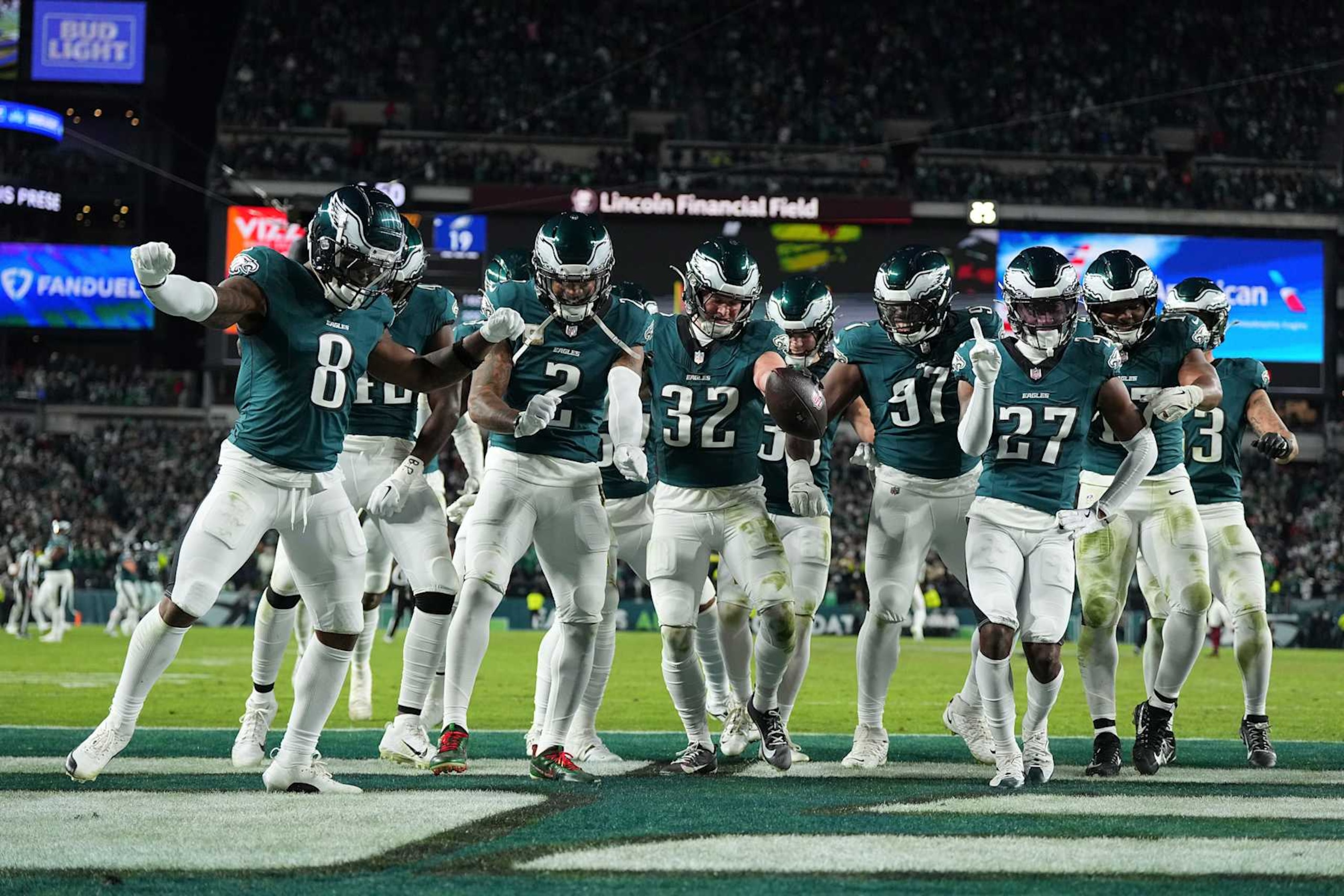 PHILADELPHIA, PENNSYLVANIA - NOVEMBER 14: Reed Blankenship #32 of the Philadelphia Eagles celebrates his interception with C.J. Gardner-Johnson #8, Darius Slay Jr. #2, Cooper DeJean #33, Moro Ojomo #97, Zack Baun #53, Nakobe Dean #17, and Quinyon Mitchell #27 against the Washington Commanders at Lincoln Financial Field on November 14, 2024 in Philadelphia, Pennsylvania. (Photo by Mitchell Leff/Getty Images) PHILADELPHIA, PENNSYLVANIA - NOVEMBER 14: Reed Blankenship #32 of the Philadelphia Eagles celebrates his interception with C.J. Gardner-Johnson #8, Darius Slay Jr. #2, Cooper DeJean #33, Moro Ojomo #97, Zack Baun #53, Nakobe Dean #17, and Quinyon Mitchell #27 against the Washington Commanders at Lincoln Financial Field on November 14, 2024 in Philadelphia, Pennsylvania. (Photo by Mitchell Leff/Getty Images)