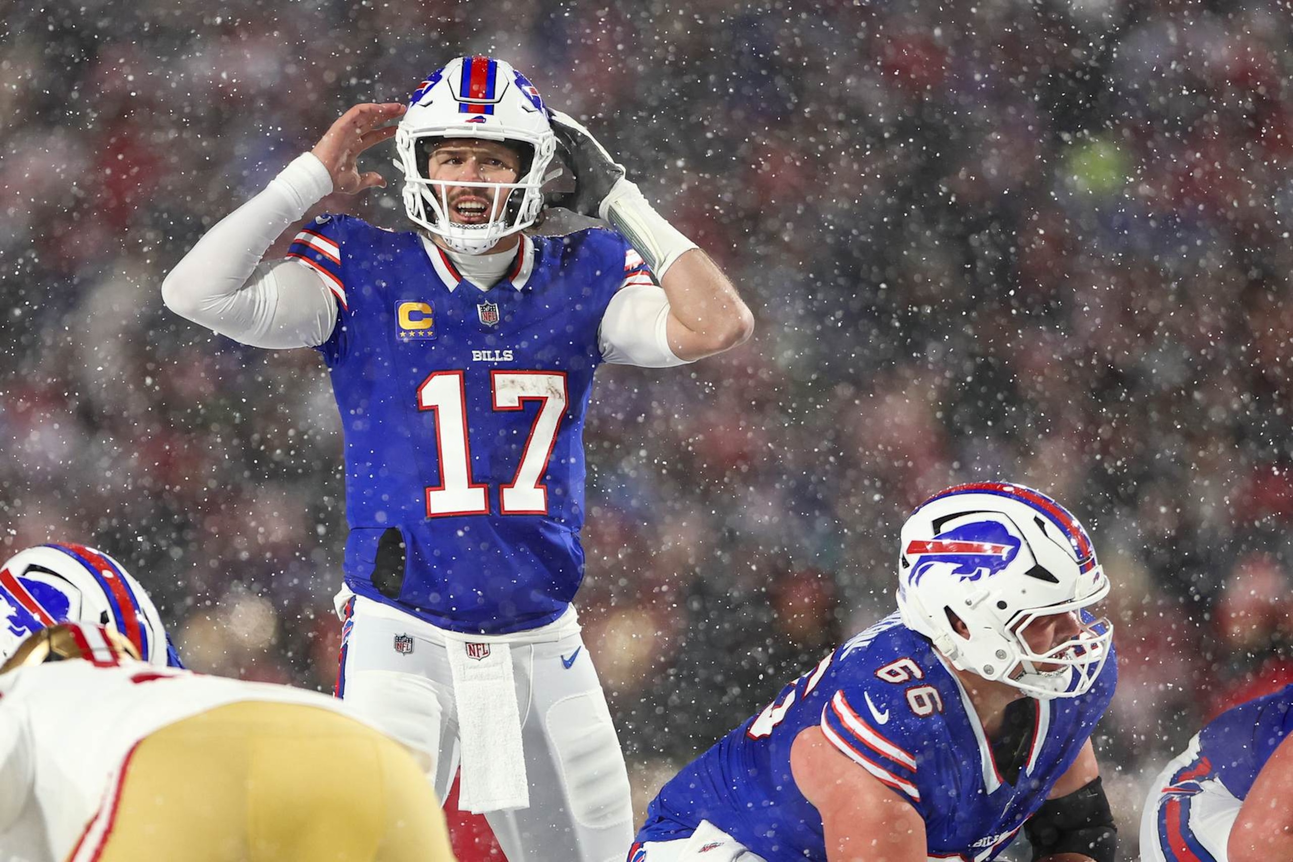 ORCHARD PARK, NEW YORK - DECEMBER 1: Josh Allen #17 of the Buffalo Bills calls a play at the line of scrimmage during the first half of an NFL football game against the San Francisco 49ers at Highmark Stadium on December 1, 2024 in Orchard Park, New York. (Photo by Kevin Sabitus/Getty Images) ORCHARD PARK, NEW YORK - DECEMBER 1: Josh Allen #17 of the Buffalo Bills calls a play at the line of scrimmage during the first half of an NFL football game against the San Francisco 49ers at Highmark Stadium on December 1, 2024 in Orchard Park, New York. (Photo by Kevin Sabitus/Getty Images)