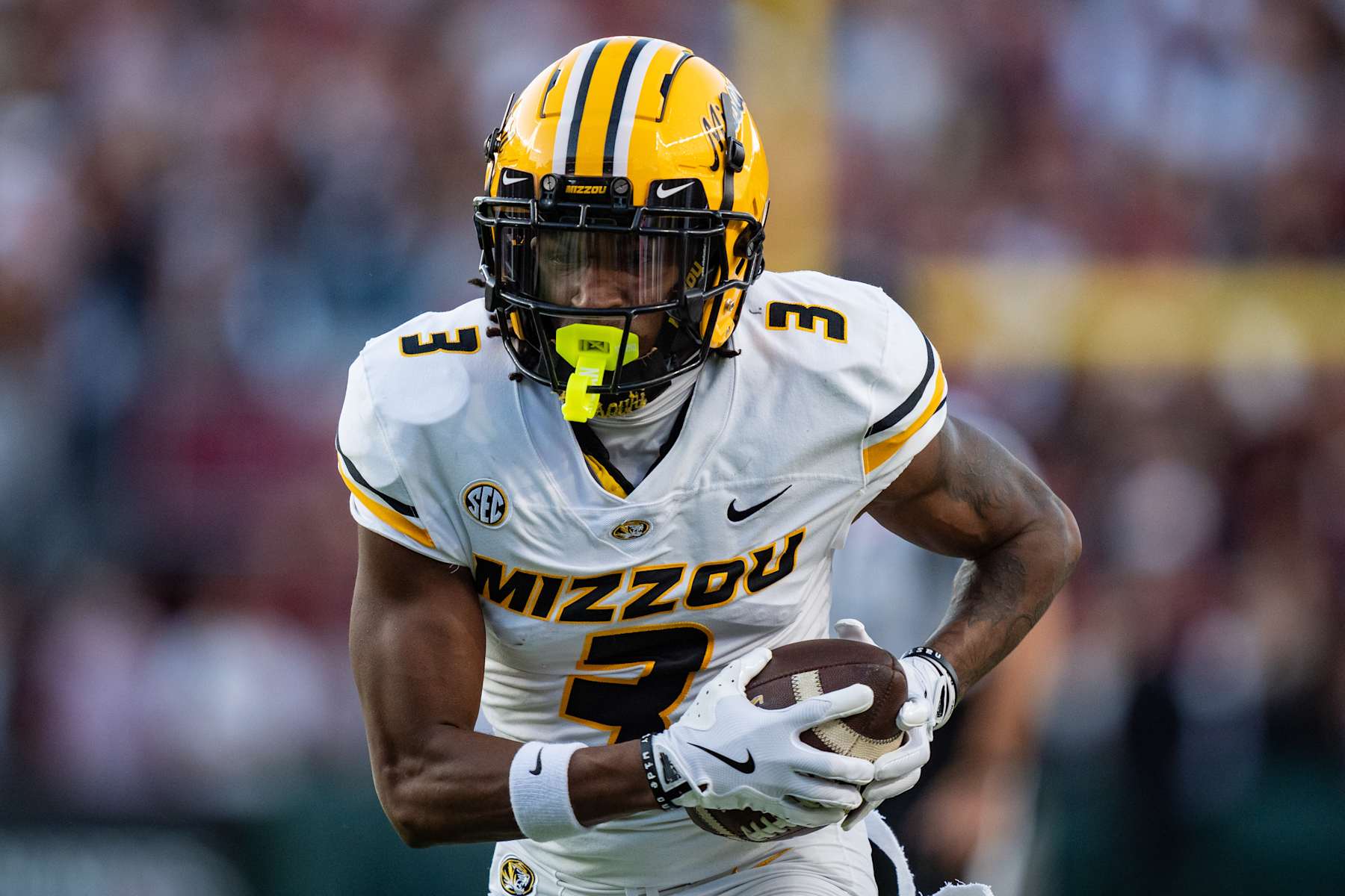 COLUMBIA, SOUTH CAROLINA - NOVEMBER 16: Luther Burden III #3 of the Missouri Tigers plays against the South Carolina Gamecocks during their game at Williams-Brice Stadium on November 16, 2024 in Columbia, South Carolina. (Photo by Jacob Kupferman/Getty Images)
