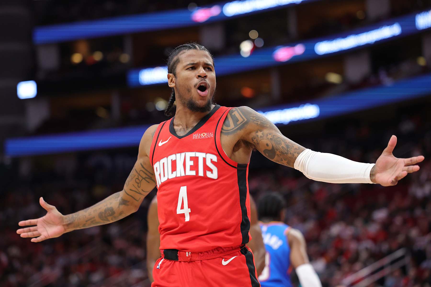 HOUSTON, TEXAS - DECEMBER 01: Jalen Green #4 of the Houston Rockets reacts during action against the Oklahoma City Thunder during the first half at Toyota Center on December 01, 2024 in Houston, Texas. NOTE TO USER: User expressly acknowledges and agrees that, by downloading and or using this photograph, User is consenting to the terms and conditions of the Getty Images License Agreement. (Photo by Alex Slitz/Getty Images)