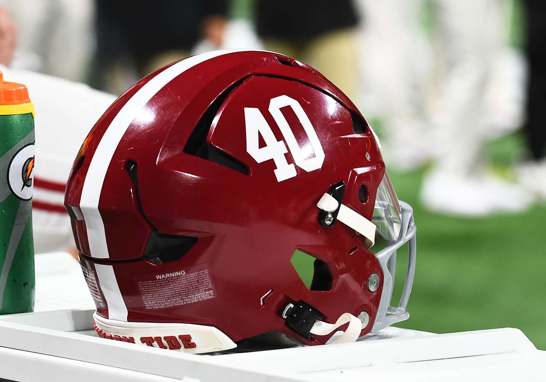 ATLANTA, GA - DECEMBER 02: An Alabama Crimson Tide football helmet sits on the sideline during the SEC Championship Game between the Georgia Bulldogs and the Alabama Crimson Tide on December 02, 2023, at Mercedes-Benz Stadium in Atlanta, GA. (Photo by Jeffrey Vest/Icon Sportswire via Getty Images)