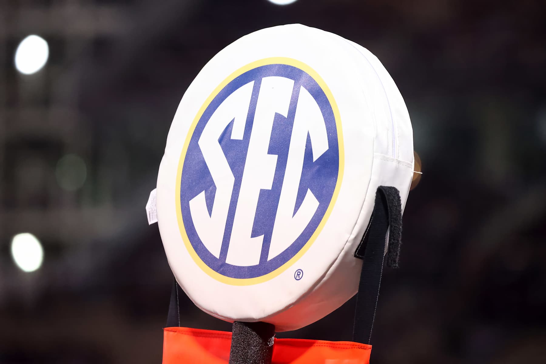 STARKVILLE, MS - NOVEMBER 23: A general view of the SEC logo on a down marker during the game between the Mississippi State Bulldogs and the Missouri Tigers on November 23, 2024 at Davis Wade Stadium in Starkville, Mississippi. (Photo by Michael Wade/Icon Sportswire via Getty Images)