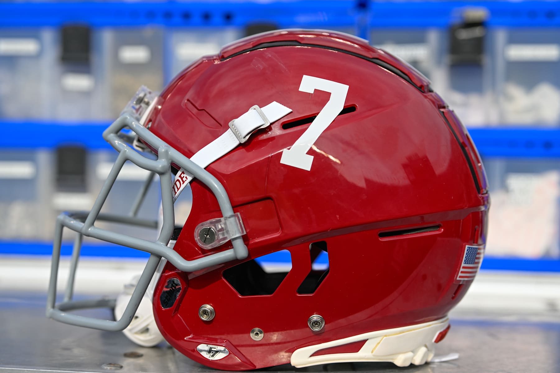 COLLEGE STATION, TX - OCTOBER 07: A Crimson Tide helmet stands ready for the next series during the football game between the Alabama Crimson Tide and Texas A&M Aggies at Kyle Field on October 7, 2023, in College Station, Texas. (Photo by Ken Murray/Icon Sportswire via Getty Images)