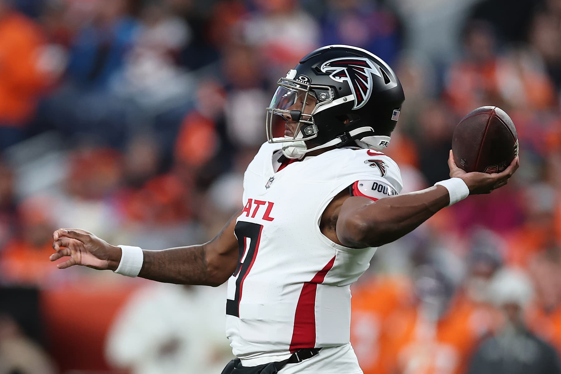 DENVER, COLORADO - NOVEMBER 17: Quarterback Michael Penix Jr. #9 of the Atlanta Falcons throws a pass during the fourth quarter of a game against the Denver Broncos at Empower Field At Mile High on November 17, 2024 in Denver, Colorado. (Photo by Matthew Stockman/Getty Images)