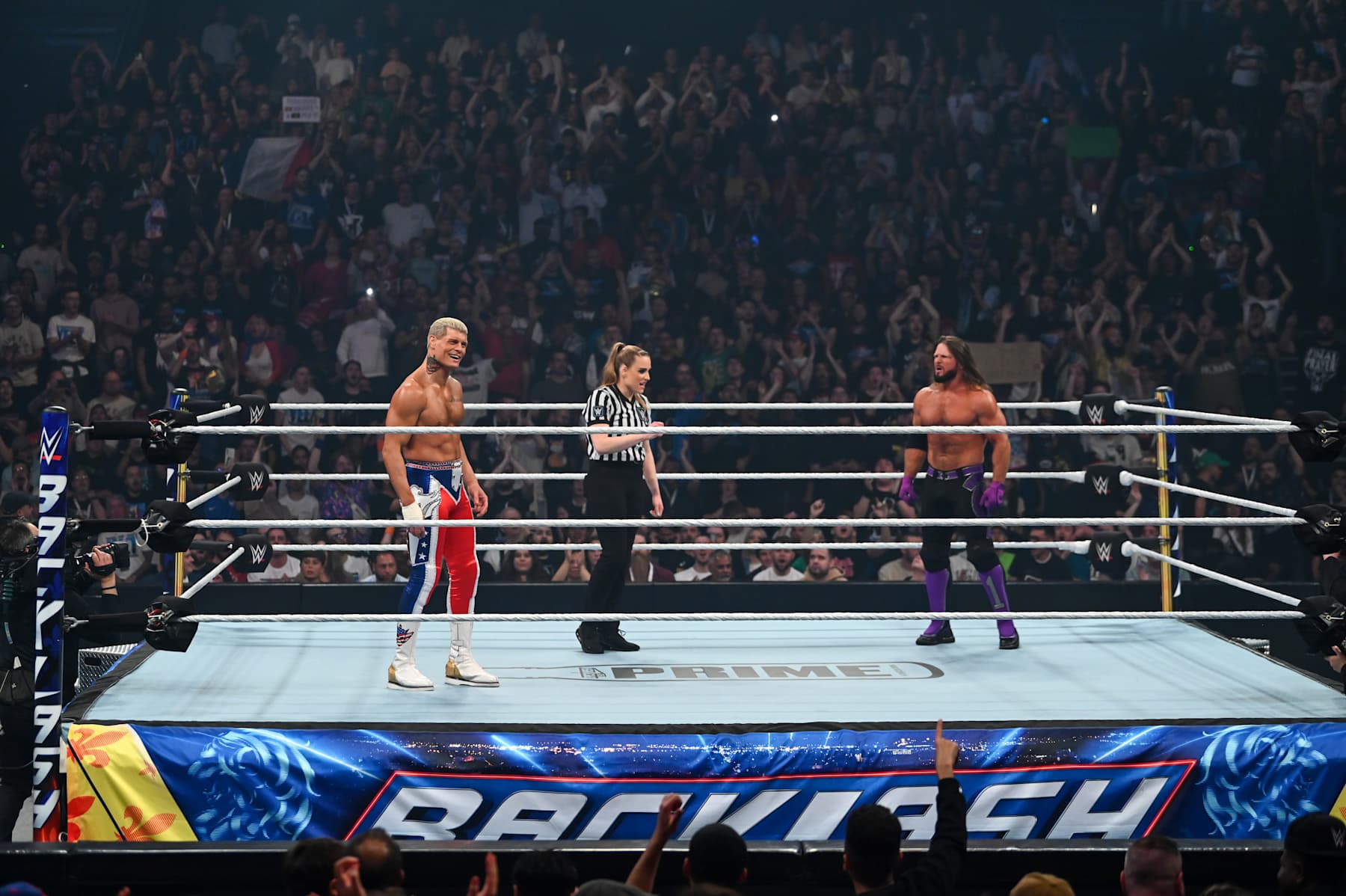 LYON, FRANCE - MAY 04: Cody Rhodes and AJ Styles prepare for battle during Backlash France at LDLC Arena on May 4, 2024 in Lyon, France. (Photo by WWE/Getty Images)