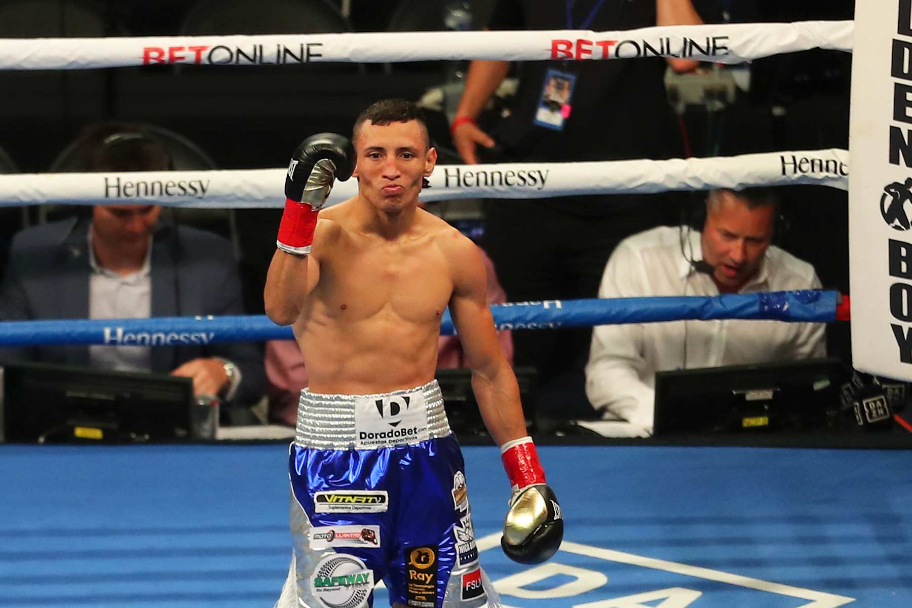 FRISCO, TX - AUGUST 14: Israel Vazquez celebrates his win against Felix Alvarado during the 1st-round fight for Light Flyweights at The Ford Center at The Star on August 14, 2021 in Frisco, Texas. (Photo by Omar Vega/Getty Images)