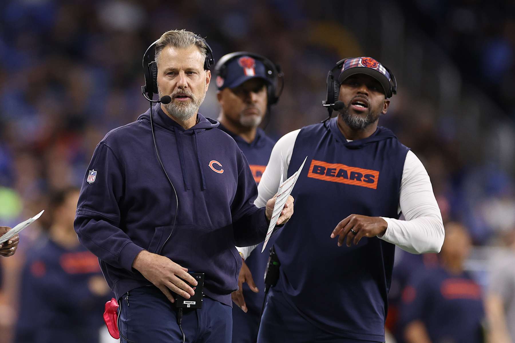 DETROIT, MICHIGAN - NOVEMBER 28: Head coach Matt Eberflus of the Chicago Bears looks on during the second quarter against the Detroit Lions at Ford Field on November 28, 2024 in Detroit, Michigan. (Photo by Mike Mulholland/Getty Images)
