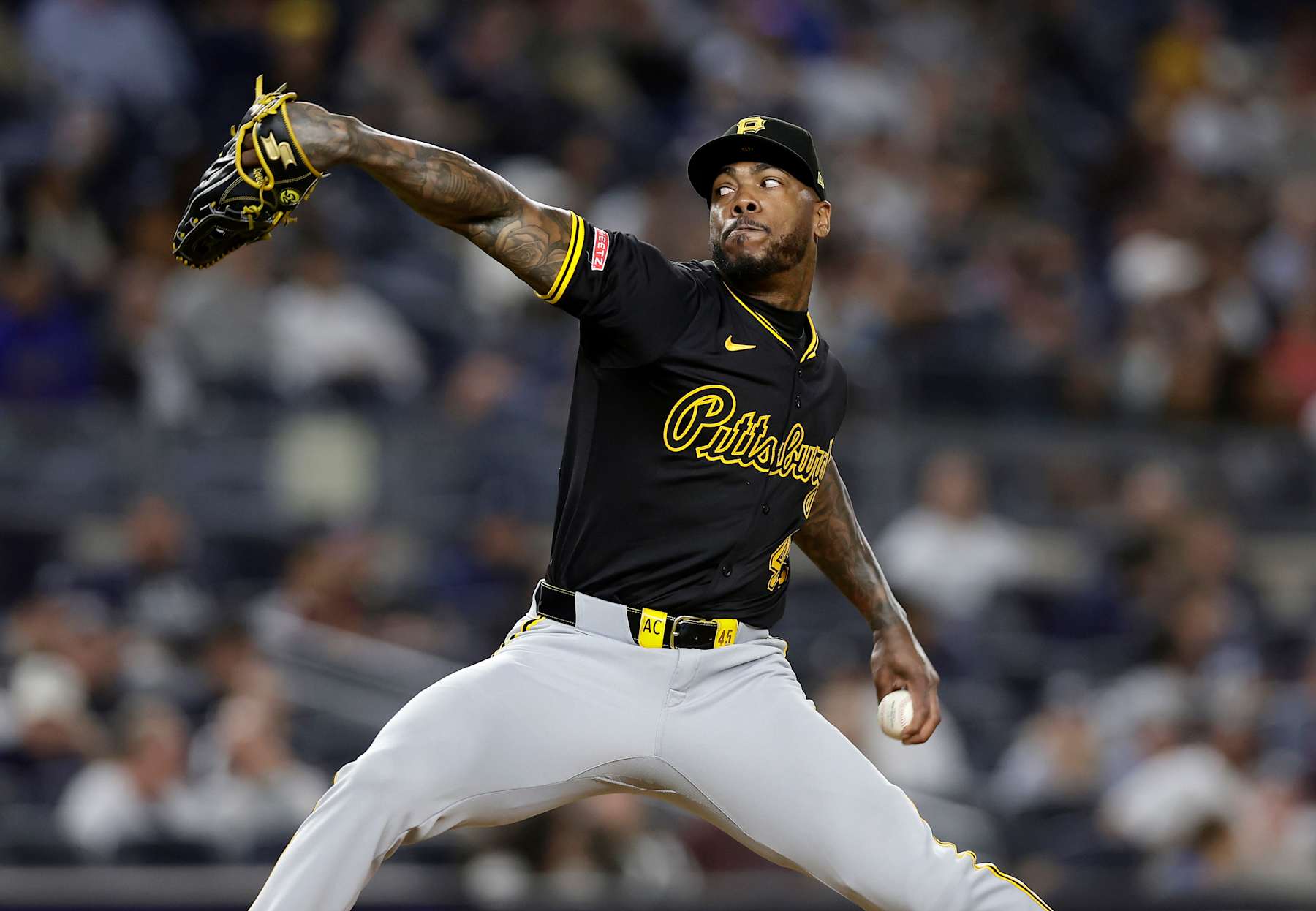 NEW YORK, NEW YORK - SEPTEMBER 27:  Aroldis Chapman #45 of the Pittsburgh Pirates in action against the New York Yankees at Yankee Stadium on September 27, 2024 in New York City. The Pirates defeated the Yankees 4-2. (Photo by Jim McIsaac/Getty Images)
