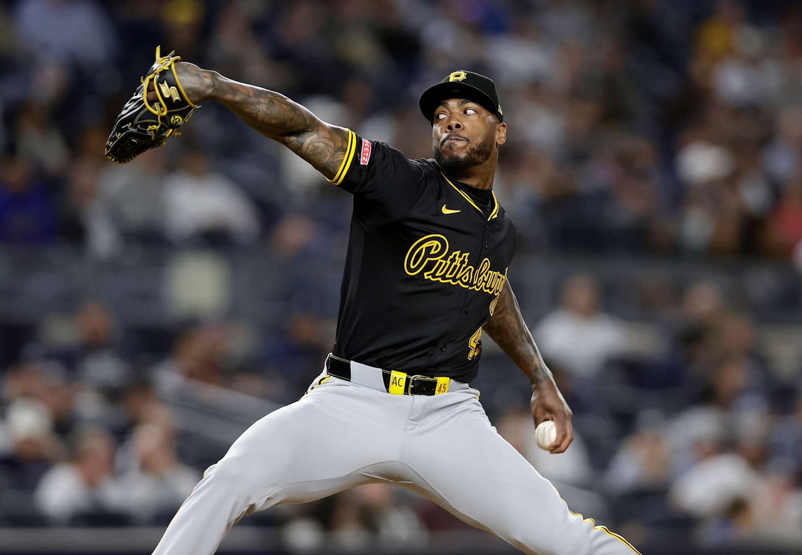 NEW YORK, NEW YORK - SEPTEMBER 27:  Aroldis Chapman #45 of the Pittsburgh Pirates in action against the New York Yankees at Yankee Stadium on September 27, 2024 in New York City. The Pirates defeated the Yankees 4-2. (Photo by Jim McIsaac/Getty Images)