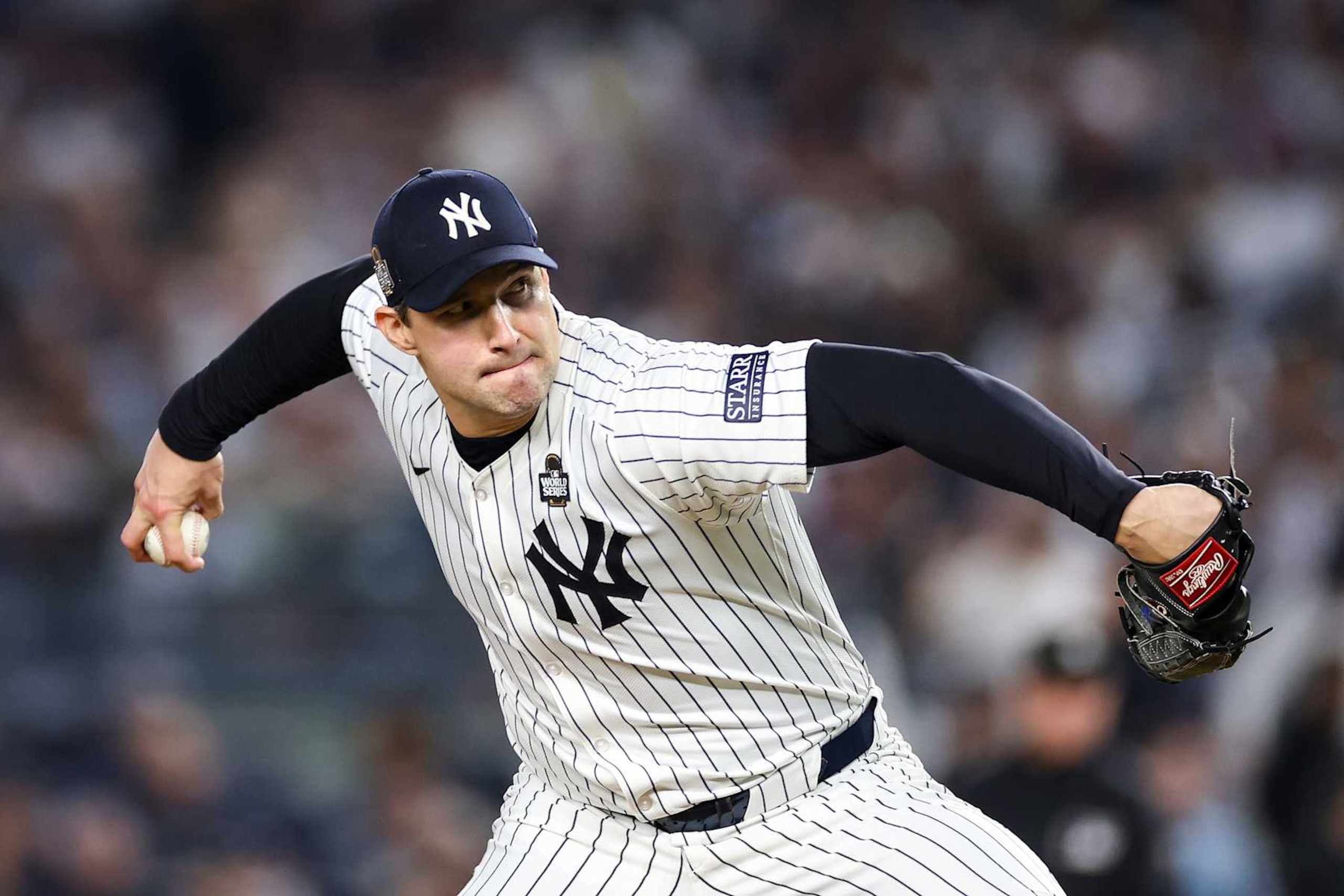 NEW YORK, NEW YORK - OCTOBER 30:  Tommy Kahnle #41 of the New York Yankees pitches during the eighth inning of Game Five of the 2024 World Series against the Los Angeles Dodgers at Yankee Stadium on October 30, 2024 in the Bronx borough of New York City. (Photo by Sarah Stier/Getty Images)