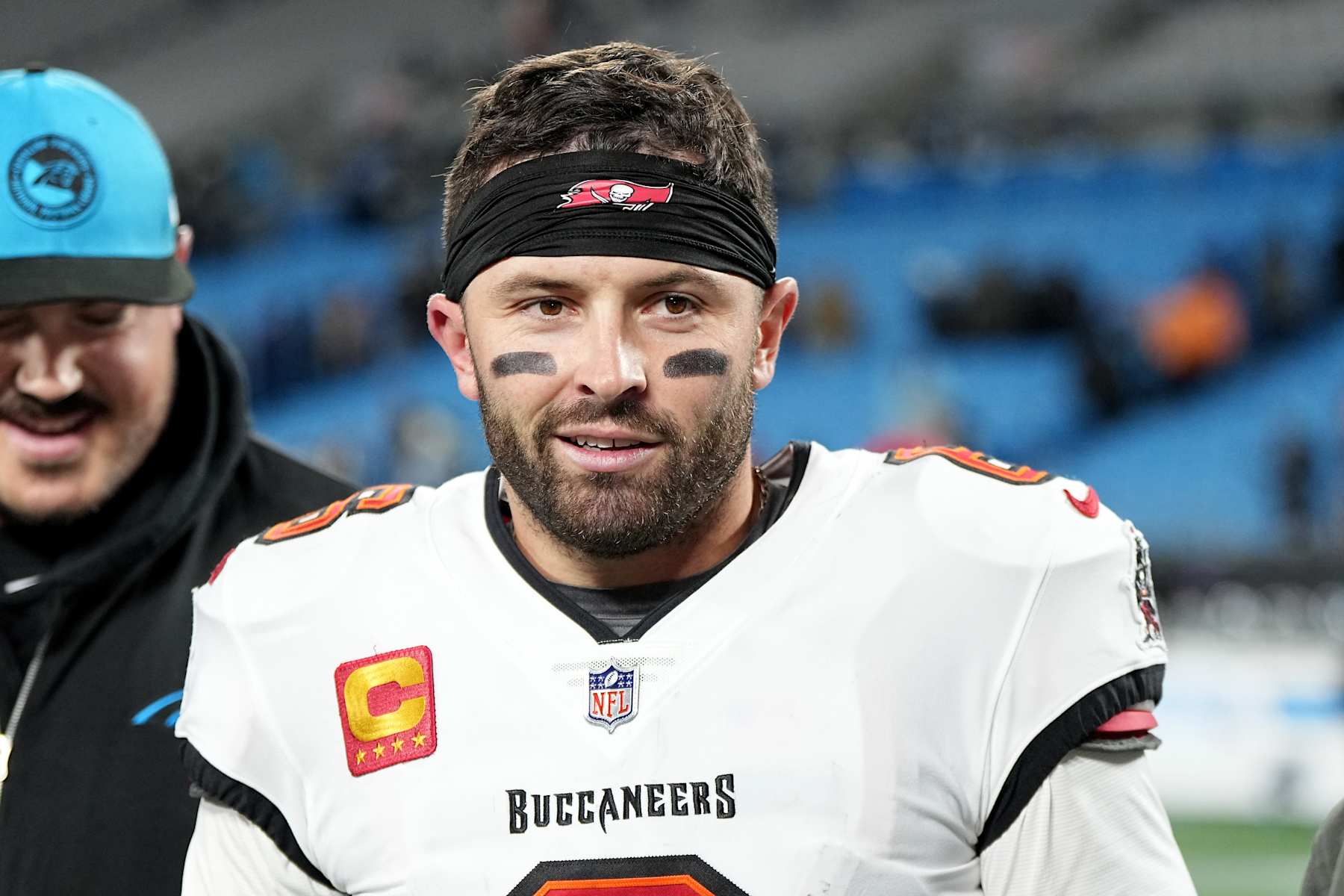 CHARLOTTE, NORTH CAROLINA - DECEMBER 01: Baker Mayfield #6 of the Tampa Bay Buccaneers walks off the field after a 26-23 win in over time against the Carolina Panthers at Bank of America Stadium on December 01, 2024 in Charlotte, North Carolina. (Photo by Matt Kelley/Getty Images)