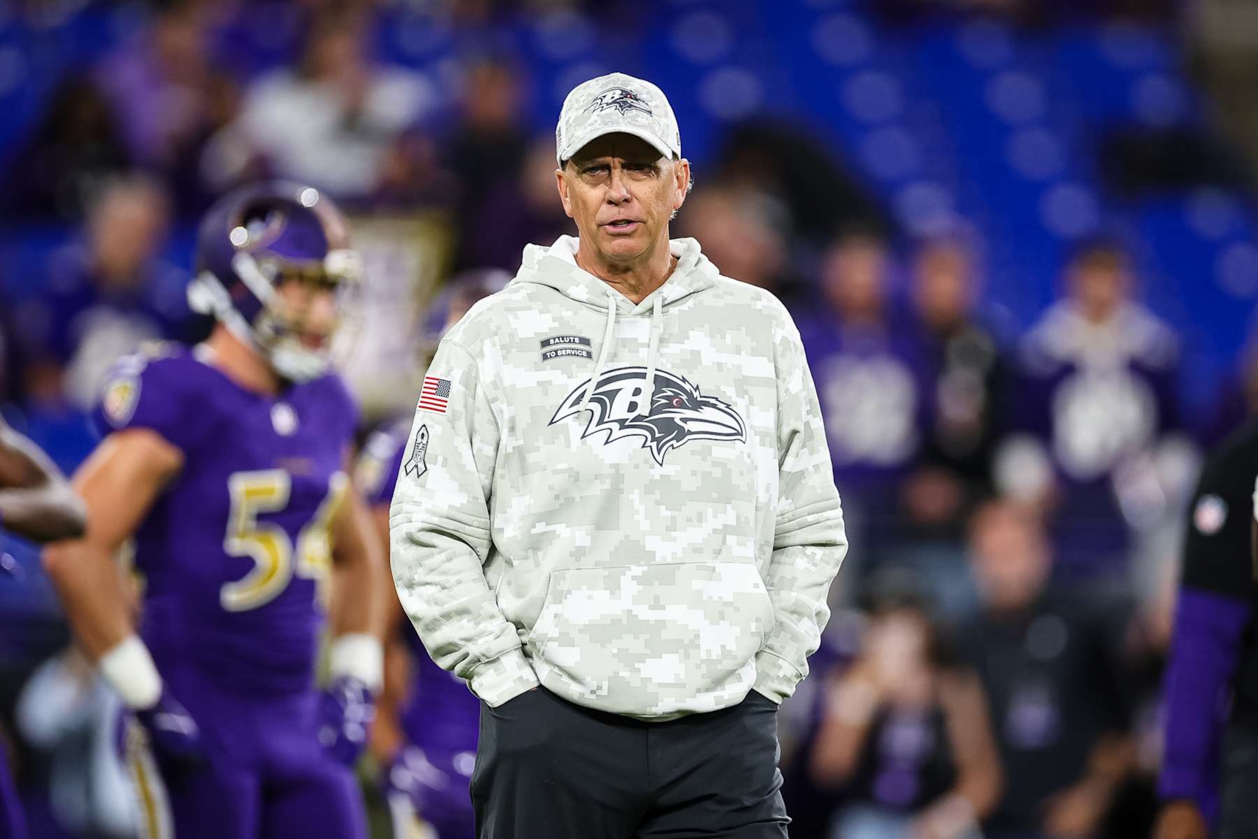 BALTIMORE, MD - NOVEMBER 07: Offensive coordinator Todd Monken of the Baltimore Raves looks on before the game against the Cincinnati Bengals at M&T Bank Stadium on November 7, 2024 in Baltimore, Maryland. (Photo by Scott Taetsch/Getty Images)