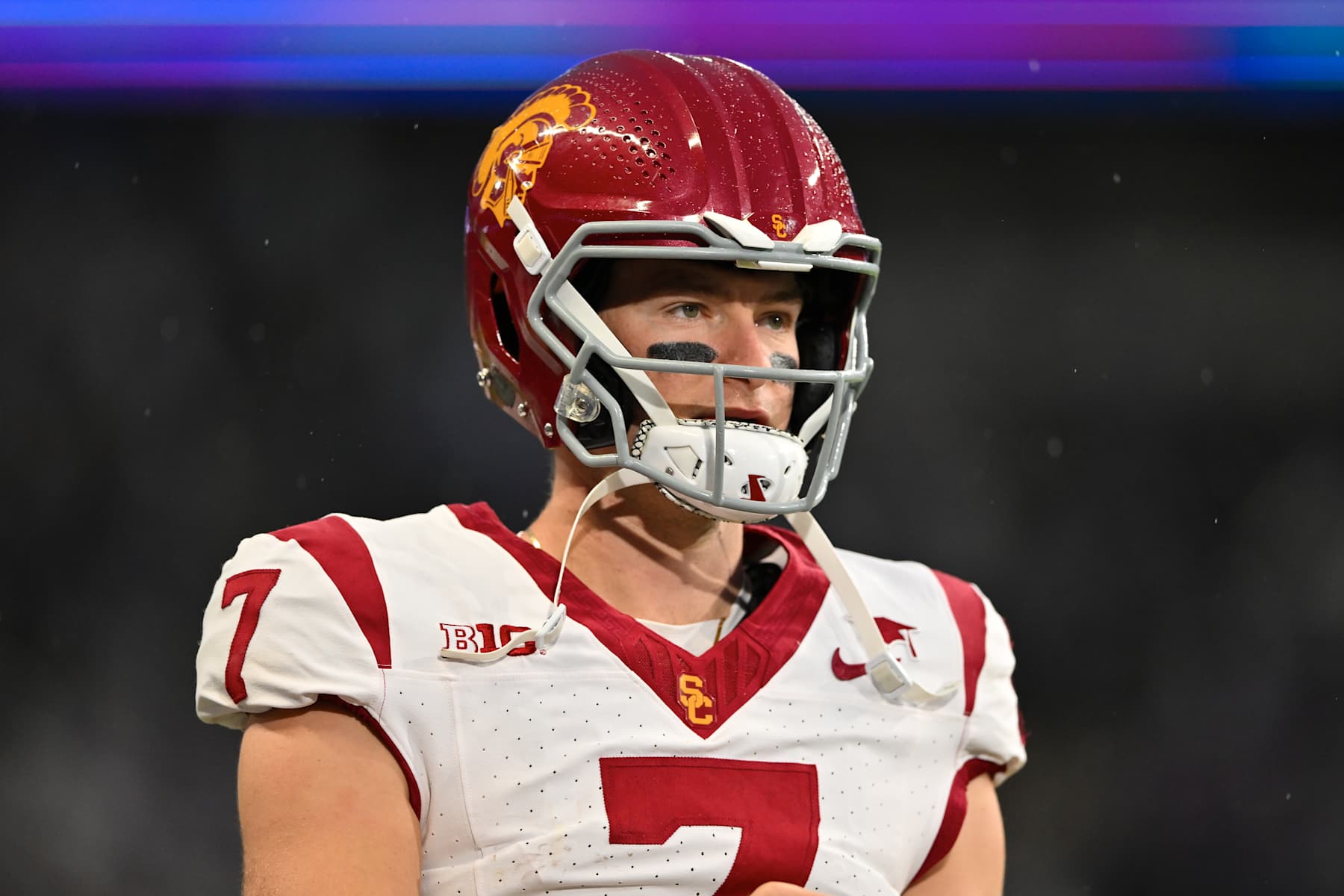 SEATTLE, WASHINGTON - NOVEMBER 02: Miller Moss #7 of the USC Trojans looks on during the second quarter of the game against the Washington Huskies at Husky Stadium on November 02, 2024 in Seattle, Washington. (Photo by Alika Jenner/Getty Images)