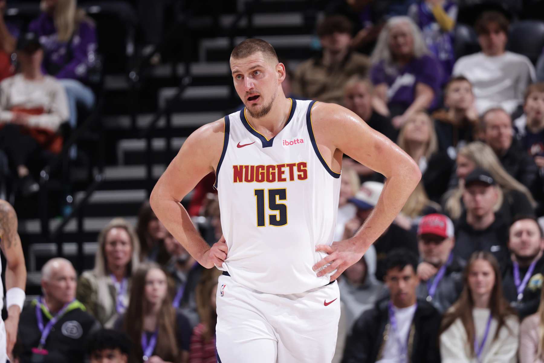 SALT LAKE CITY, UT - WEDNESDAY 27: Nikola Jokic #15 of the Denver Nuggets looks on during the game against the Utah Jazz on Wednesday 27, 2024 at vivint.SmartHome Arena in Salt Lake City, Utah. NOTE TO USER: User expressly acknowledges and agrees that, by downloading and or using this Photograph, User is consenting to the terms and conditions of the Getty Images License Agreement. Mandatory Copyright Notice: Copyright 2024 NBAE (Photo by Melissa Majchrzak/NBAE via Getty Images)