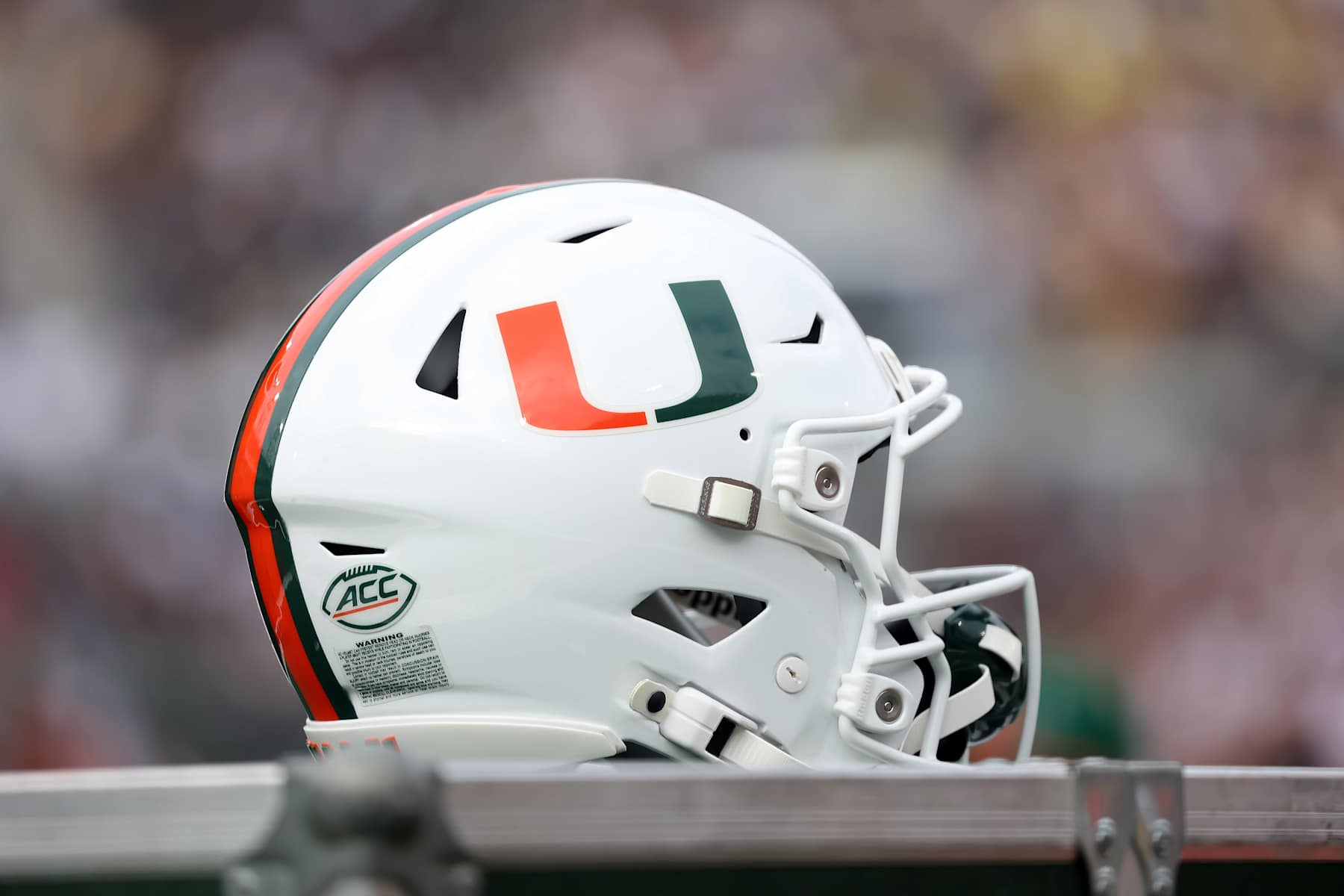 ATLANTA, GA - NOVEMBER 09: A general view of a Miami Hurricanes helmet during the game between the Georgia Tech Yellow Jackets and the Miami Hurricanes on November 9, 2024 at Bobby Dodd Stadium in Atlanta, Georgia.  (Photo by Michael Wade/Icon Sportswire via Getty Images)