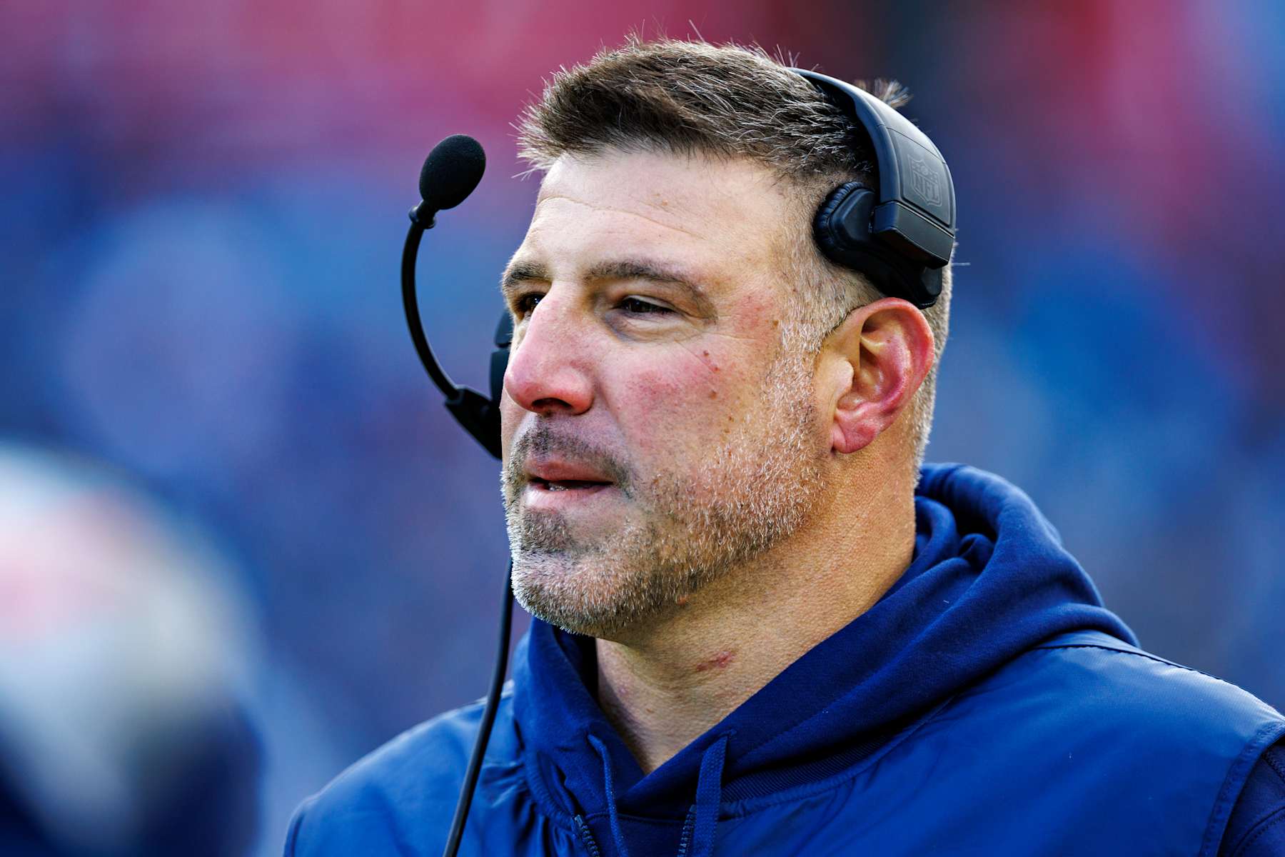 NASHVILLE TENNESSEE - JANUARY 07: Head Coach Mike Vrabel of the Tennessee Titans during the game against the Jacksonville Jaguars in Nashville, Tennessee at Nissan Stadium on January 7, 2024 in Houston, Texas. The Titans defeated the Jaguars 28-20.  (Photo by Wesley Hitt/Getty Images)