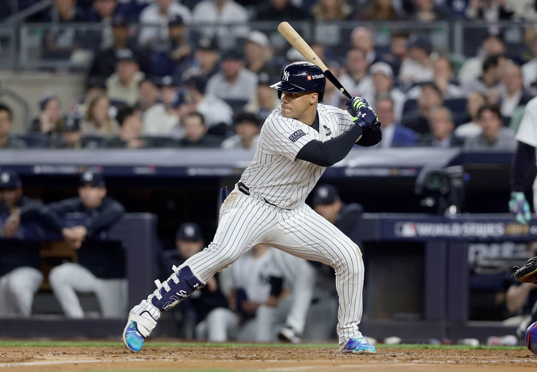 NEW YORK, NEW YORK - OCTOBER 30: (NEW YORK DAILIES OUT)  Juan Soto #22 of the New York Yankees in action against the Los Angeles Dodgers during Game Five of the 2024 World Series at Yankee Stadium on October 30, 2024 in New York City. The Dodgers defeated the Yankees 7-6. (Photo by Jim McIsaac/Getty Images)