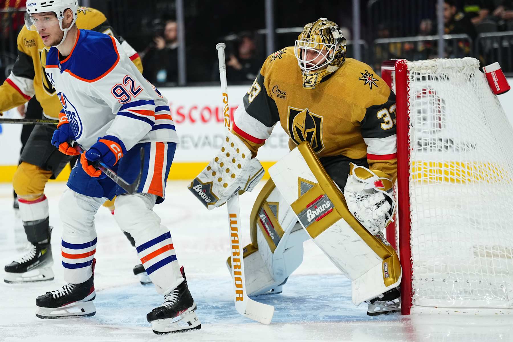 LAS VEGAS, NEVADA - DECEMBER 03: Adin Hill #33 of the Vegas Golden Knights tends net during the second period against the Edmonton Oilers at T-Mobile Arena on December 03, 2024 in Las Vegas, Nevada. (Photo by Jeff Bottari/NHLI via Getty Images)