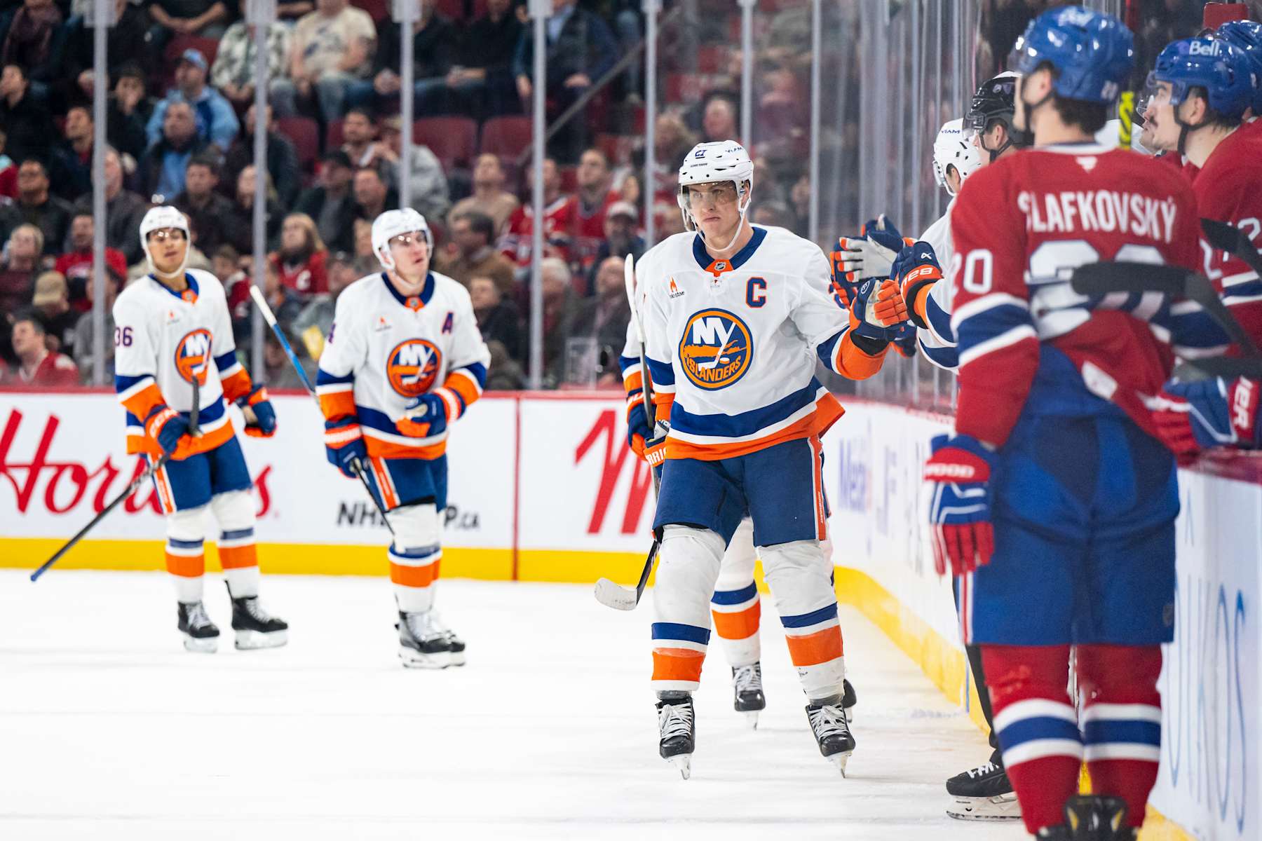 MONTREAL, CANADA- DECEMBER 3: Anders Lee #27 of the New York Islanders celebrates after scoring a goal during the second period of the NHL regular season game between the Montreal Canadiens and the New York Islanders at the Bell Centre on December 3, 2024 in Montreal, Quebec, Canada. (Photo by Matt Garies/NHLI via Getty Images)