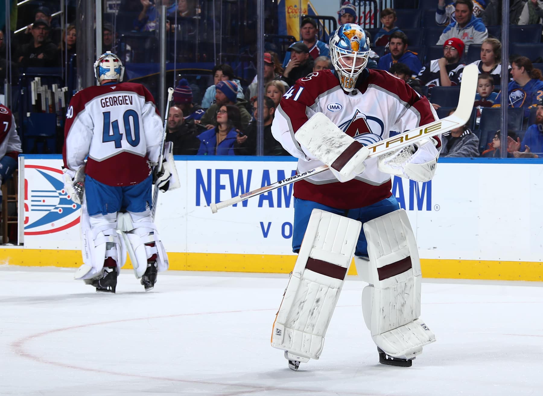 BUFFALO, NEW YORK - DECEMBER 3: Scott Wedgewood #41 relieves Alexandar Georgiev #40 of the Colorado Avalanche in net during an NHL game against the Buffalo Sabres on December 3, 2024 at KeyBank Center in Buffalo, New York. (Photo by Bill Wippert/NHLI via Getty Images)