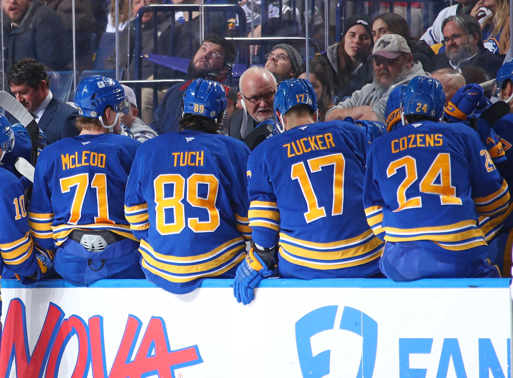 BUFFALO, NEW YORK - DECEMBER 3: Buffalo Sabres head coach Lindy Ruff talks to his team after a timeout during an NHL game against the Colorado Avalanche on December 3, 2024 at KeyBank Center in Buffalo, New York. (Photo by Bill Wippert/NHLI via Getty Images)
