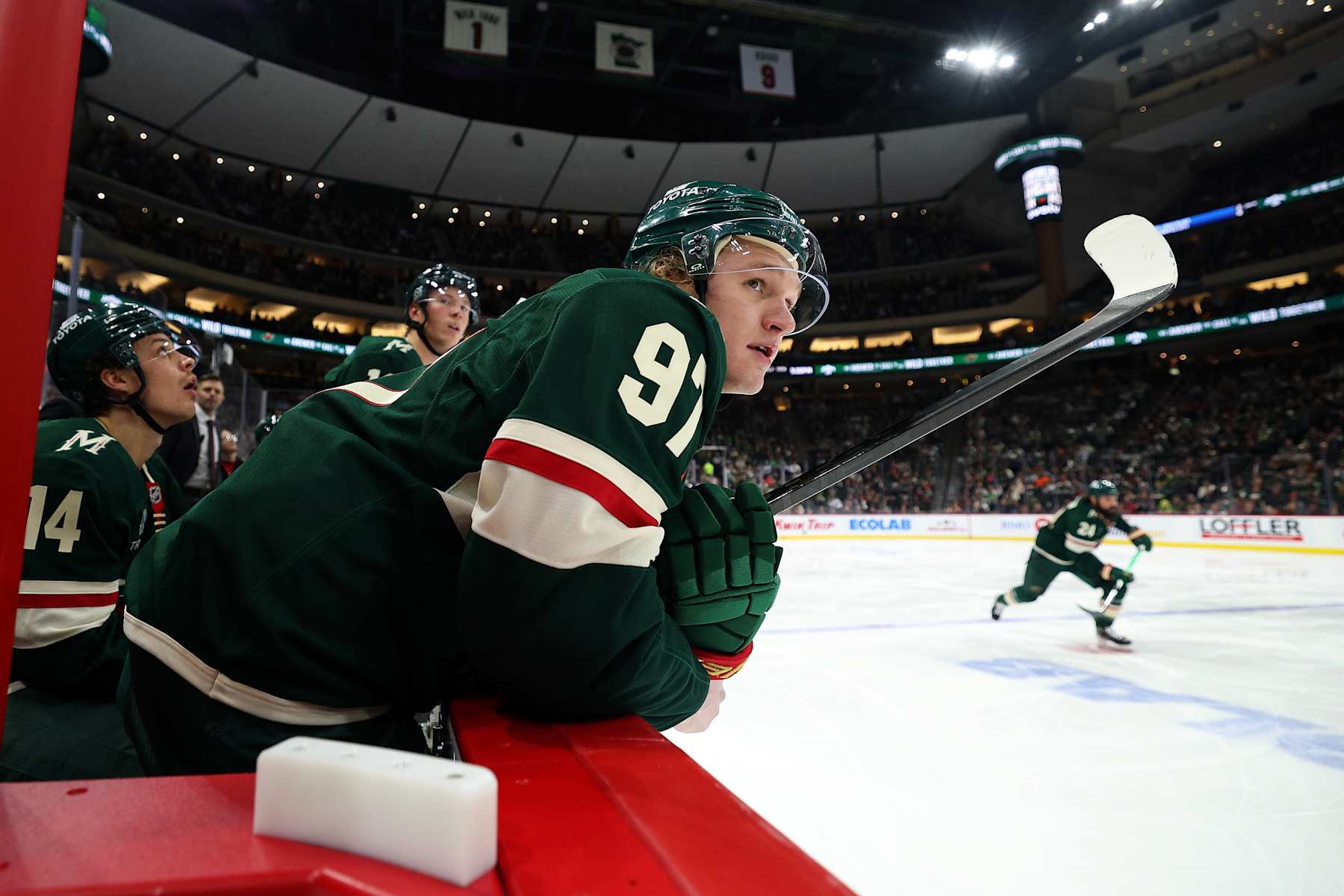 ST PAUL, MINNESOTA - DECEMBER 03: Kirill Kaprizov #97 of the Minnesota Wild looks on against the Vancouver Canucks in the third period at Xcel Energy Center on December 03, 2024 in St Paul, Minnesota. The Wild defeated the Canucks 3-2 in overtime. (Photo by David Berding/Getty Images)