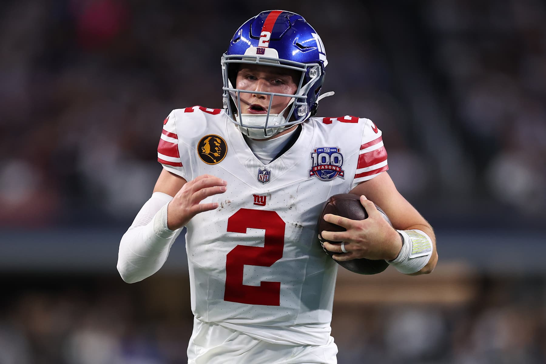 ARLINGTON, TEXAS - NOVEMBER 28: Drew Lock #2 of the New York Giants runs with the ball during the first half against the Dallas Cowboys at AT&T Stadium on November 28, 2024 in Arlington, Texas. (Photo by Sam Hodde/Getty Images)