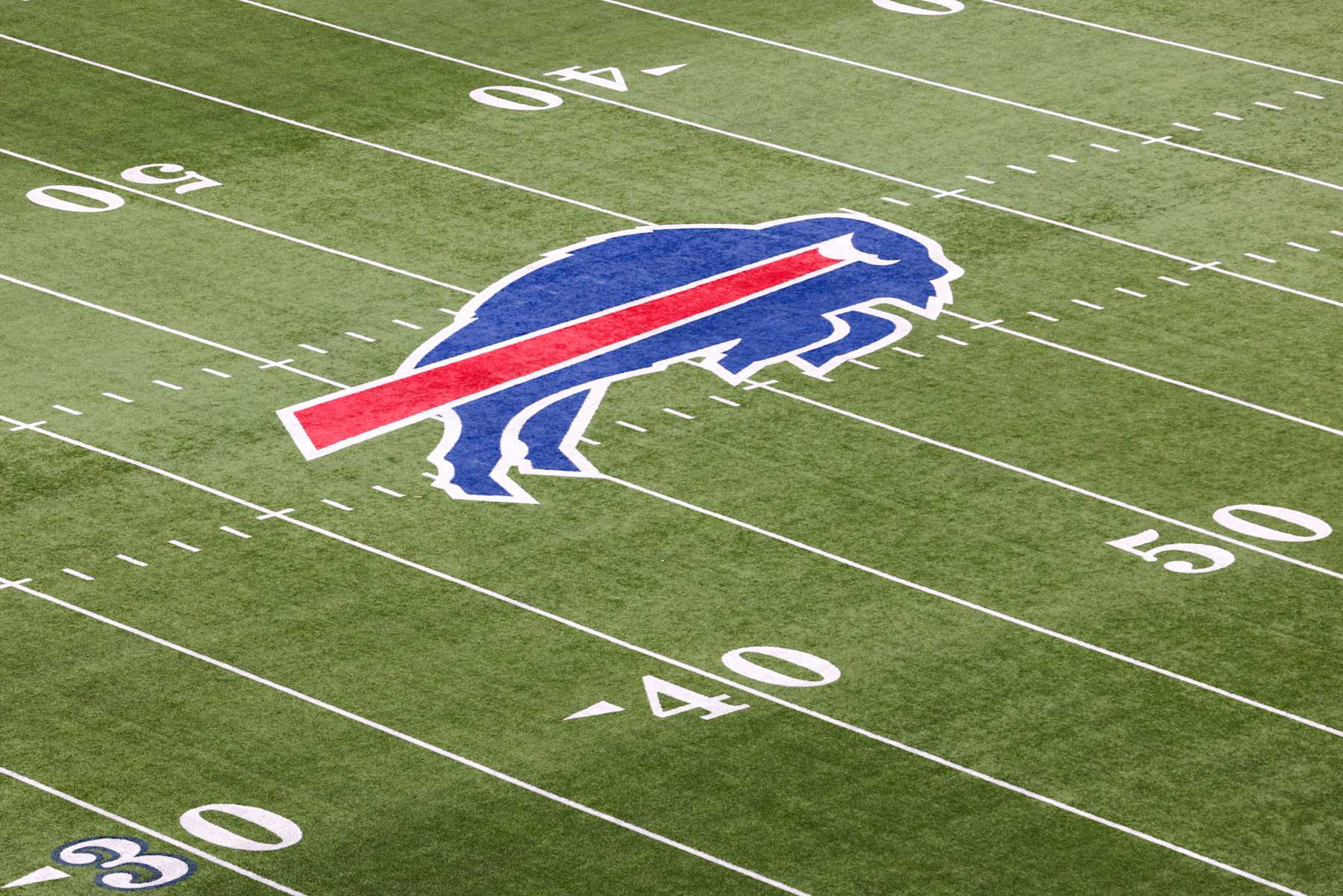 ORCHARD PARK, NEW YORK - JANUARY 22: The Buffalo Bills logo is seen on the field prior to a game against the Cincinnati Bengals in the AFC Divisional Playoff game at Highmark Stadium on January 22, 2023 in Orchard Park, New York. (Photo by Bryan M. Bennett/Getty Images)