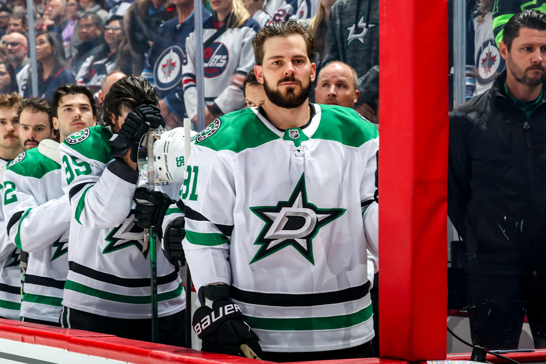 WINNIPEG, CANADA - NOVEMBER 9: Tyler Seguin #91 of the Dallas Stars looks on from the bench prior to puck drop against the Winnipeg Jets at the Canada Life Centre on November 9, 2024 in Winnipeg, Manitoba, Canada. (Photo by Jonathan Kozub/NHLI via Getty Images)