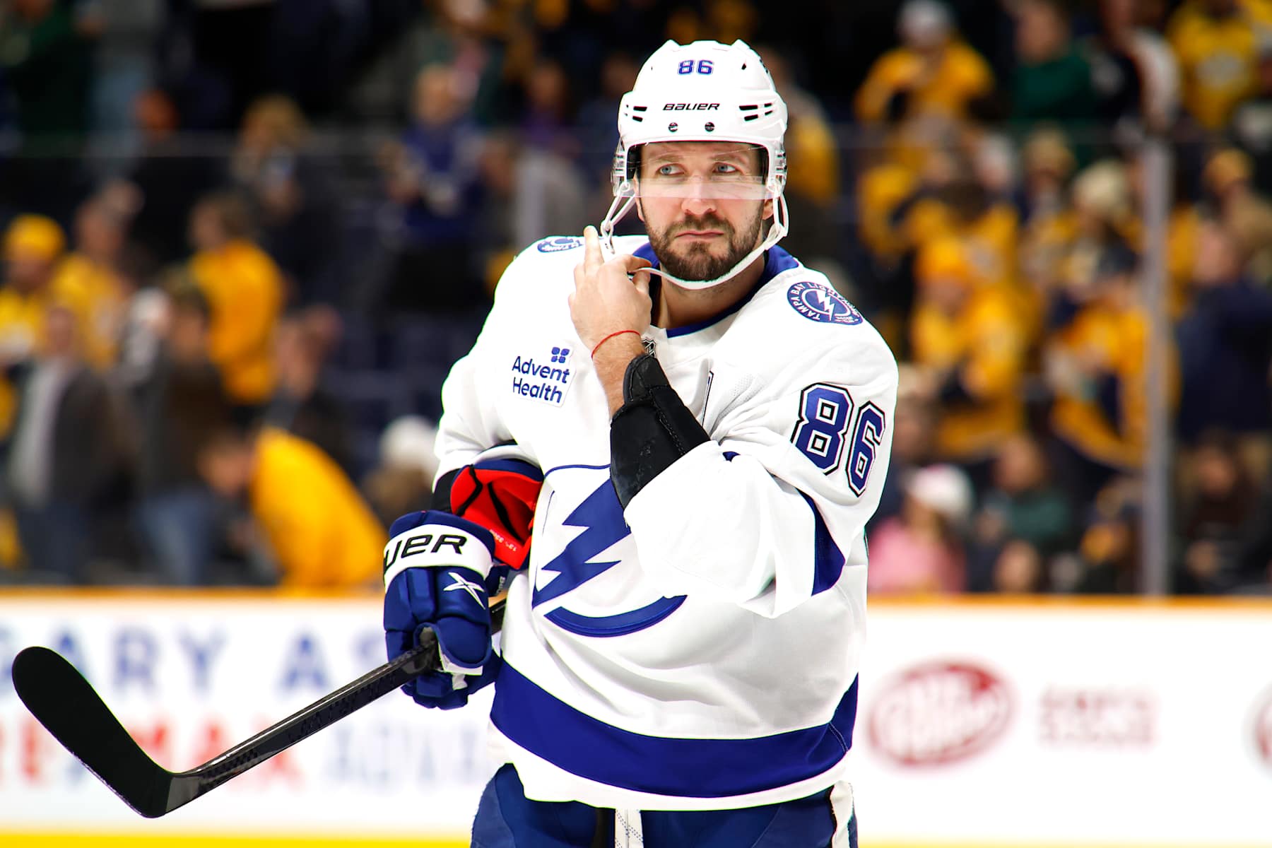 NASHVILLE, TENNESSEE - NOVEMBER 29: Nikita Kucherov #86 of the Tampa Bay Lightning looks on during the third period of the game between the Nashville Predators and the Tampa Bay Lighting at Bridgestone Arena on November 29, 2024 in Nashville, Tennessee. (Photo by Johnnie Izquierdo/Getty Images)