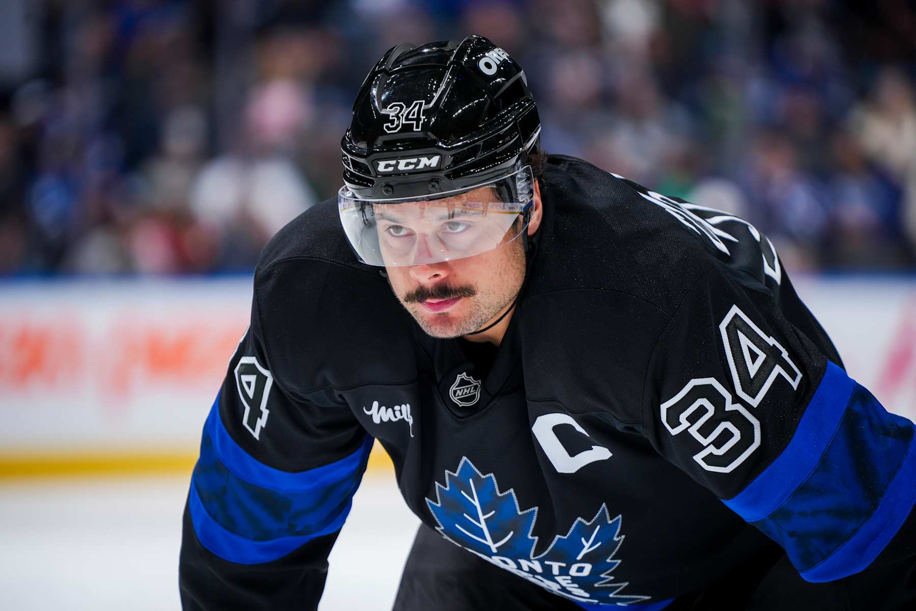 TORONTO, ON - DECEMBER 2: Auston Matthews #34 of the Toronto Maple Leafs looks on during the first period against the Chicago Blackhawks at the Scotiabank Arena on December 2, 2024 in Toronto, Ontario, Canada. (Photo by Mark Blinch/NHLI via Getty Images)