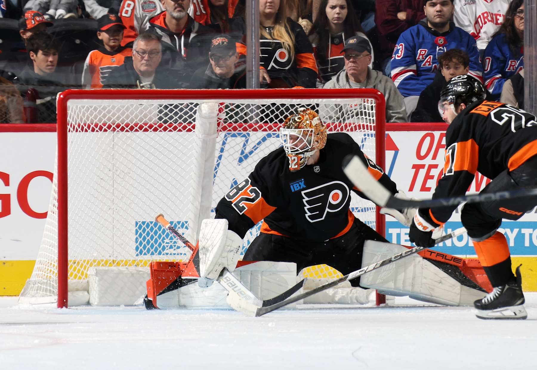 PHILADELPHIA, PENNSYLVANIA - NOVEMBER 29: Ivan Fedotov #82 of the Philadelphia Flyers reacts to the play in his zone against the New York Rangers at the Wells Fargo Center on November 29, 2024 in Philadelphia, Pennsylvania. (Photo by Len Redkoles/NHLI via Getty Images)