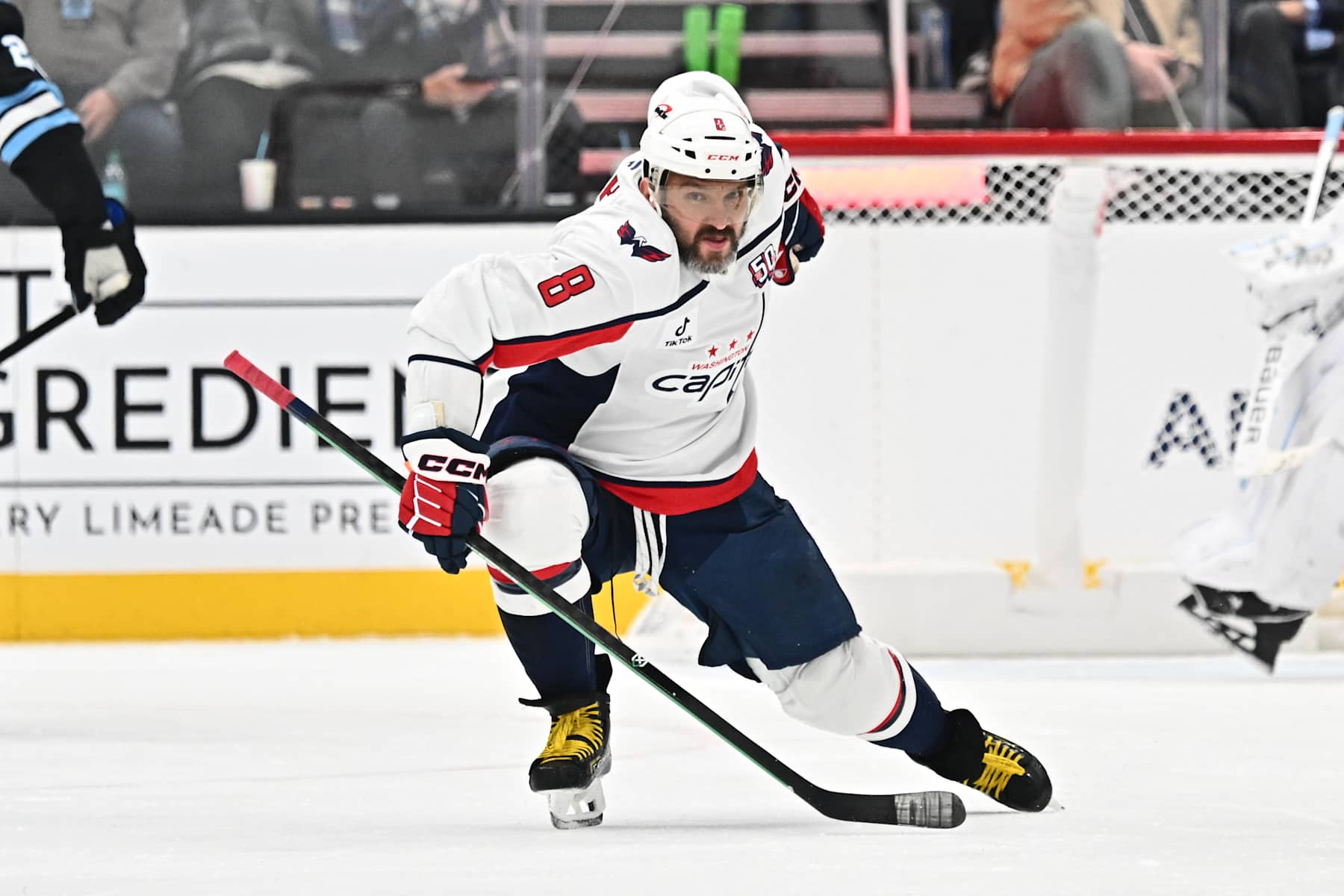 SALT LAKE CITY, UTAH - NOVEMBER 18: Alex Ovechkin #8 of the Washington Capitals reacts after scoring a goal during the first period of a game against the Utah Hockey Club on November 18, 2024 at Delta Center in Salt Lake City, Utah. (Photo by Jamie Sabau/NHLI via Getty Images)