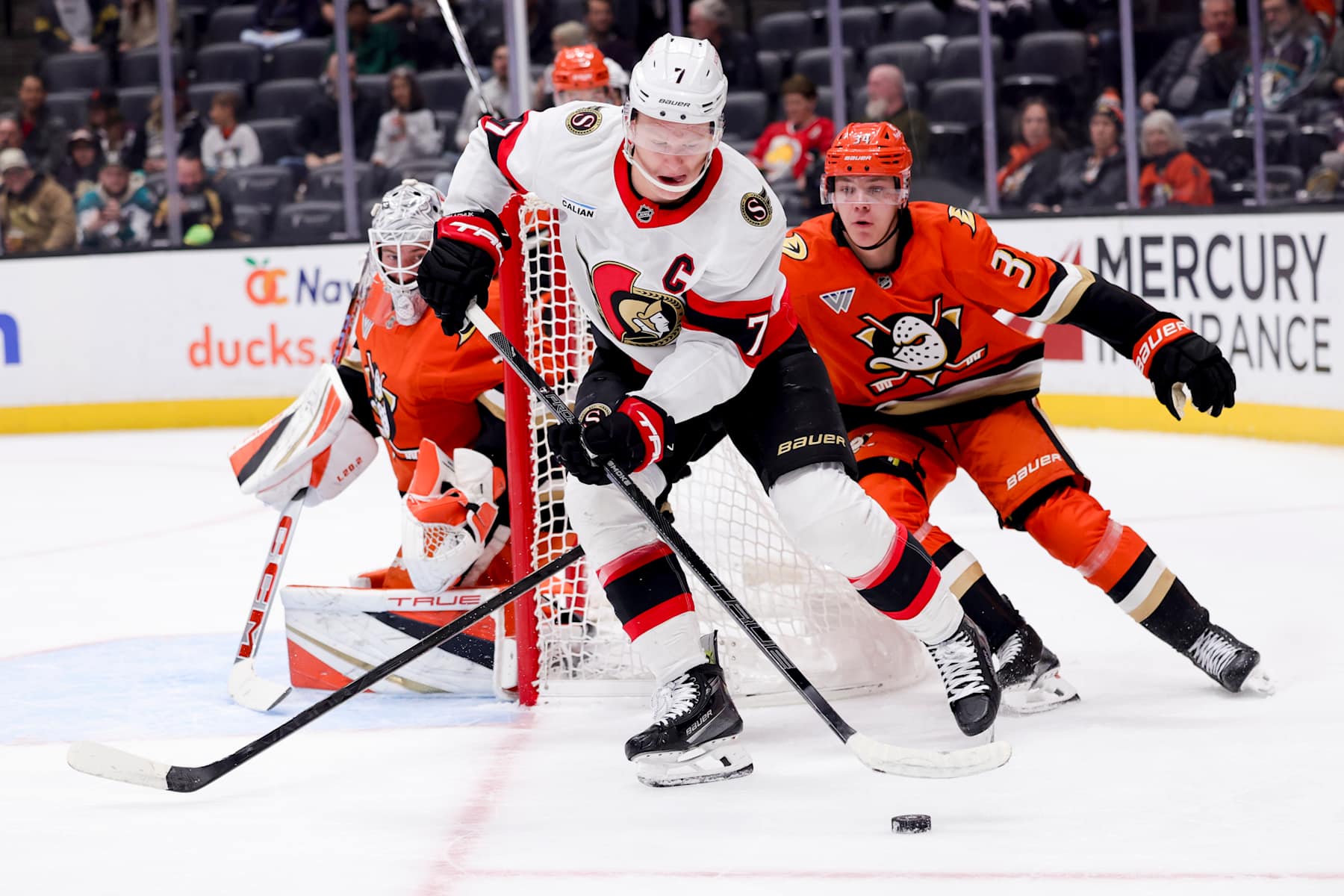 ANAHEIM, CALIFORNIA - DECEMBER 1: Brady Tkachuk #7 of the Ottawa Senators controls the puck ahead of Pavel Mintyukov #34 of the Anaheim Ducks at Honda Center on December 1, 2024 in Anaheim, California. (Photo by Ryan Sirius Sun/Getty Images)