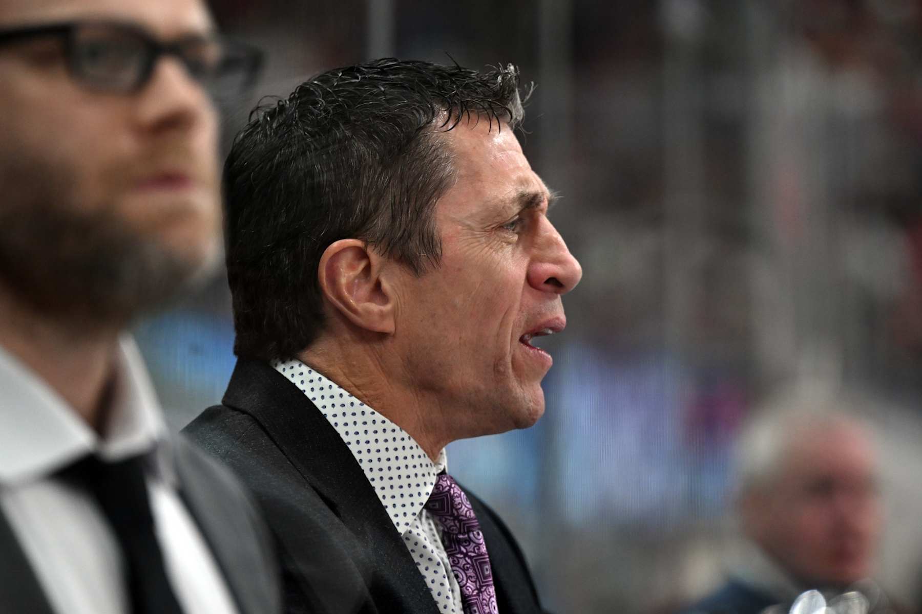 RALEIGH, NC - DECEMBER 03: Carolina Hurricanes head coach Rod Brind'Amour calls to the officials during the NHL game between the Seattle Kraken and the Carolina Hurricanes on December 3, 2024 at Lenovo Center in Raleigh, North Carolina. (Photo by Katherine Gawlik/Icon Sportswire via Getty Images)