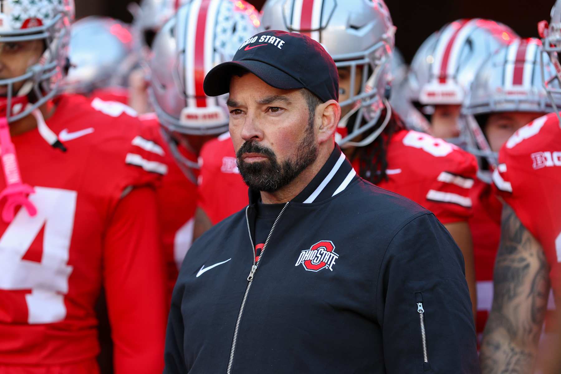 COLUMBUS, OH - NOVEMBER 30: Ohio State Buckeyes head coach Ryan Day stands with his players before the game against the Michigan Wolverines and the Ohio State Buckeyes on November 30, 2024, at Ohio Stadium in Columbus, OH. (Photo by Ian Johnson/Icon Sportswire via Getty Images)