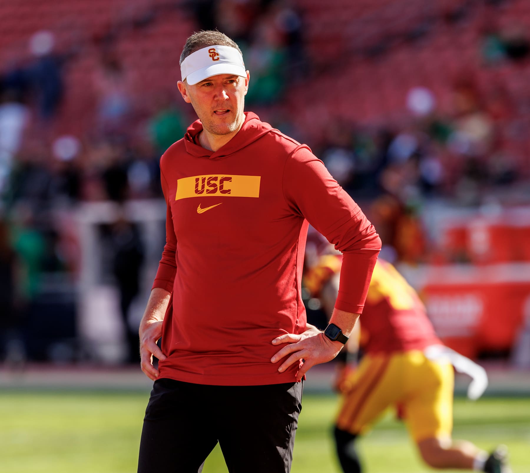 LOS ANGELES, CA - NOVEMBER 30, 2024: USC Trojans head coach Lincoln Riley watches warm ups before the game against Notre Dame at the LA Coliseum on November 30, 2024 in Los Angeles, California. (Gina Ferazzi / Los Angeles Times via Getty Images)