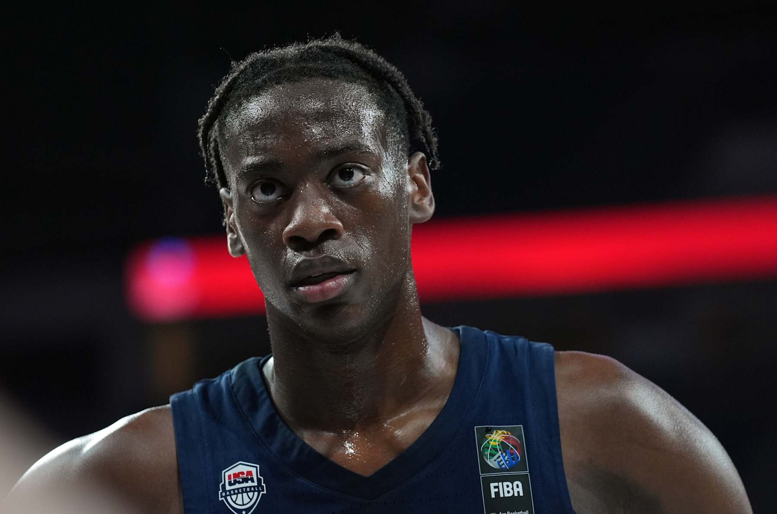 ISTANBUL, TURKIYE - JULY 07: AJ Dybantsa (7) of USA is in action during the FIBA U17 World Cup basketball match at Sinan Erdem Sports Hall in Istanbul, Turkiye on July 07, 2024. (Photo by Esra Bilgin/Anadolu via Getty Images)