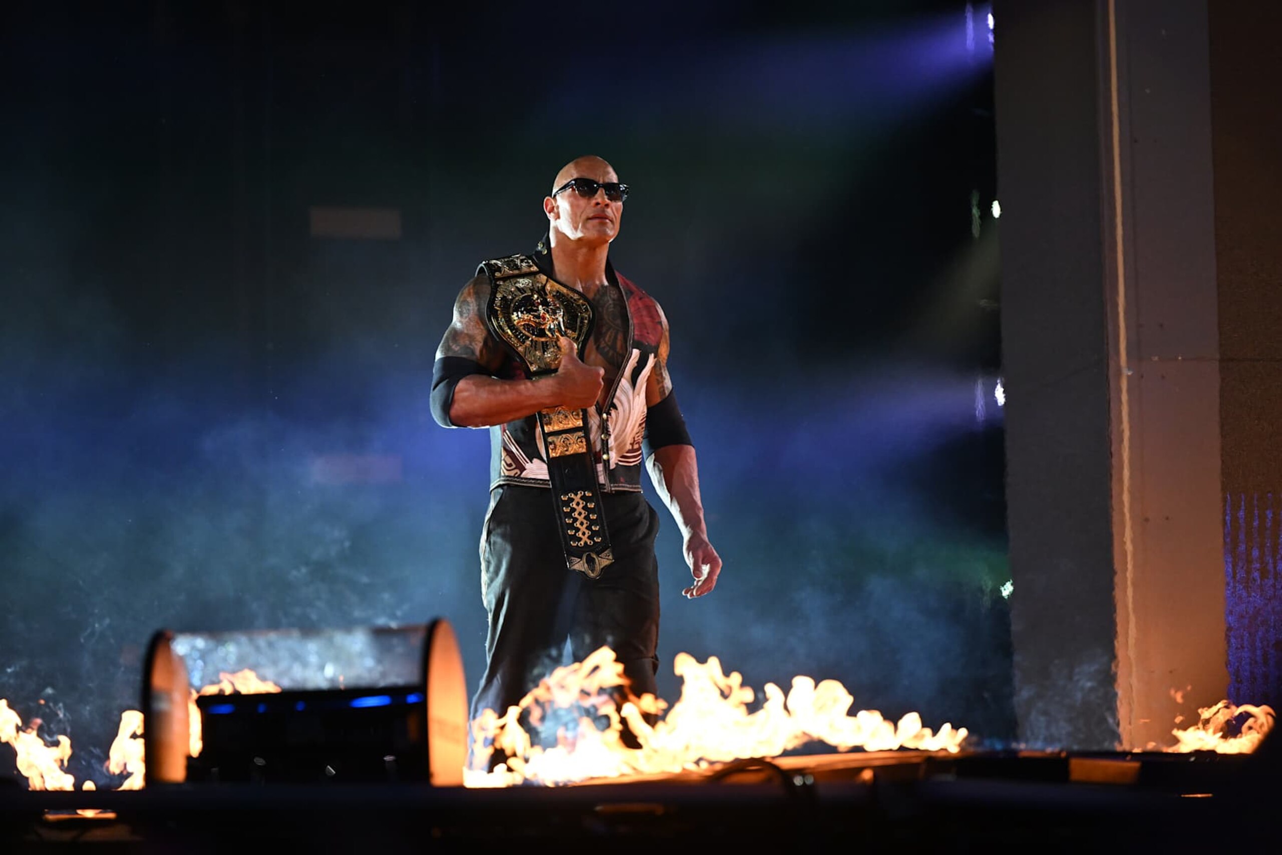 PHILADELPHIA, PENNSYLVANIA - APRIL 6: The Rock making his entrance to the ring at WrestleMania 40 at Lincoln Financial Field on April 6, 2024 in Philadelphia, Pennsylvania. (Photo by WWE/Getty Images)