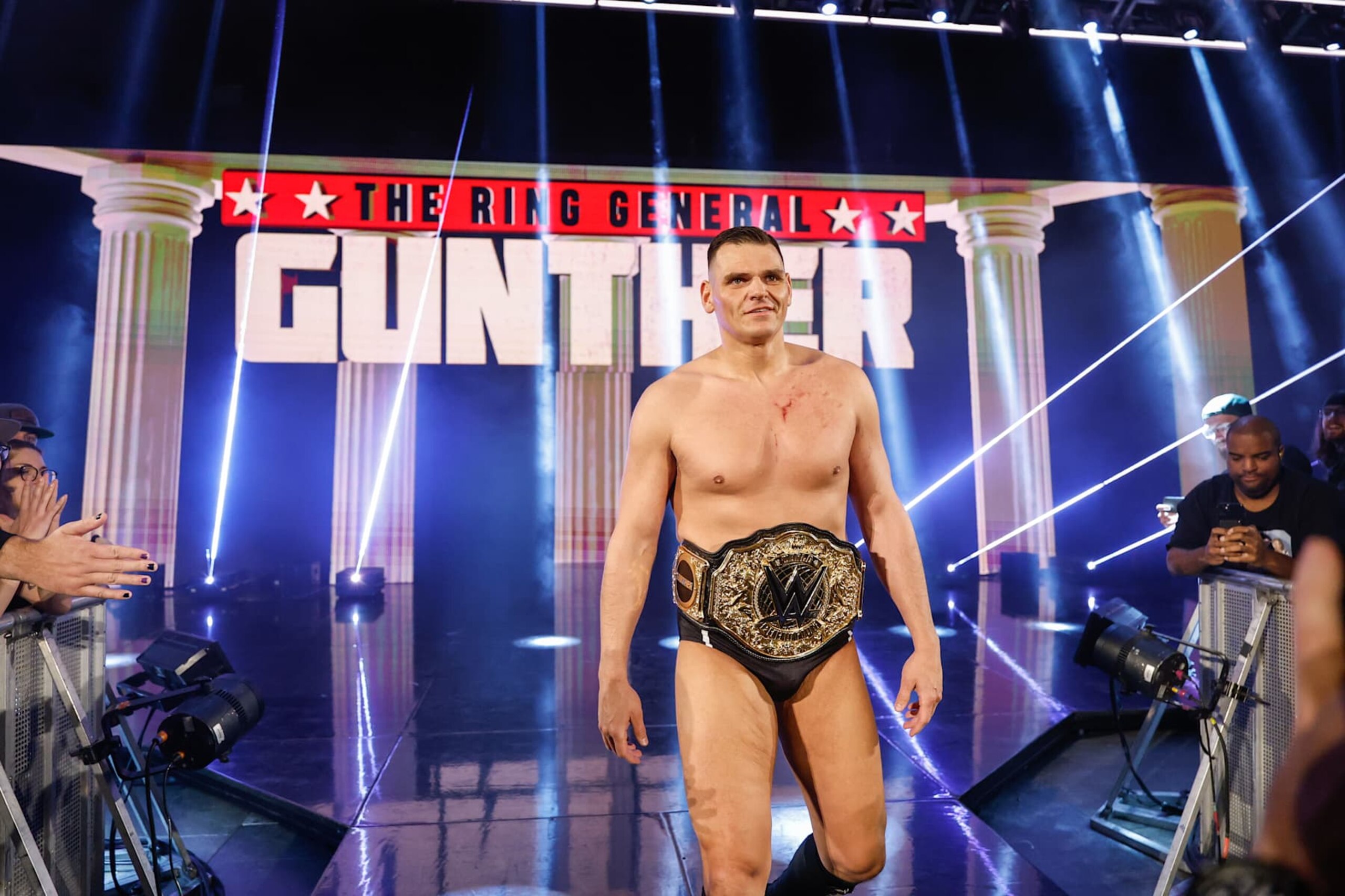 EVERETT, WASHINGTON - DECEMBER 2: Gunther makes his way to the ring during Monday Night RAW at Angel of the Winds Arena on December 2, 2024 in Everett, Washington.  (Photo by WWE/Getty Images)