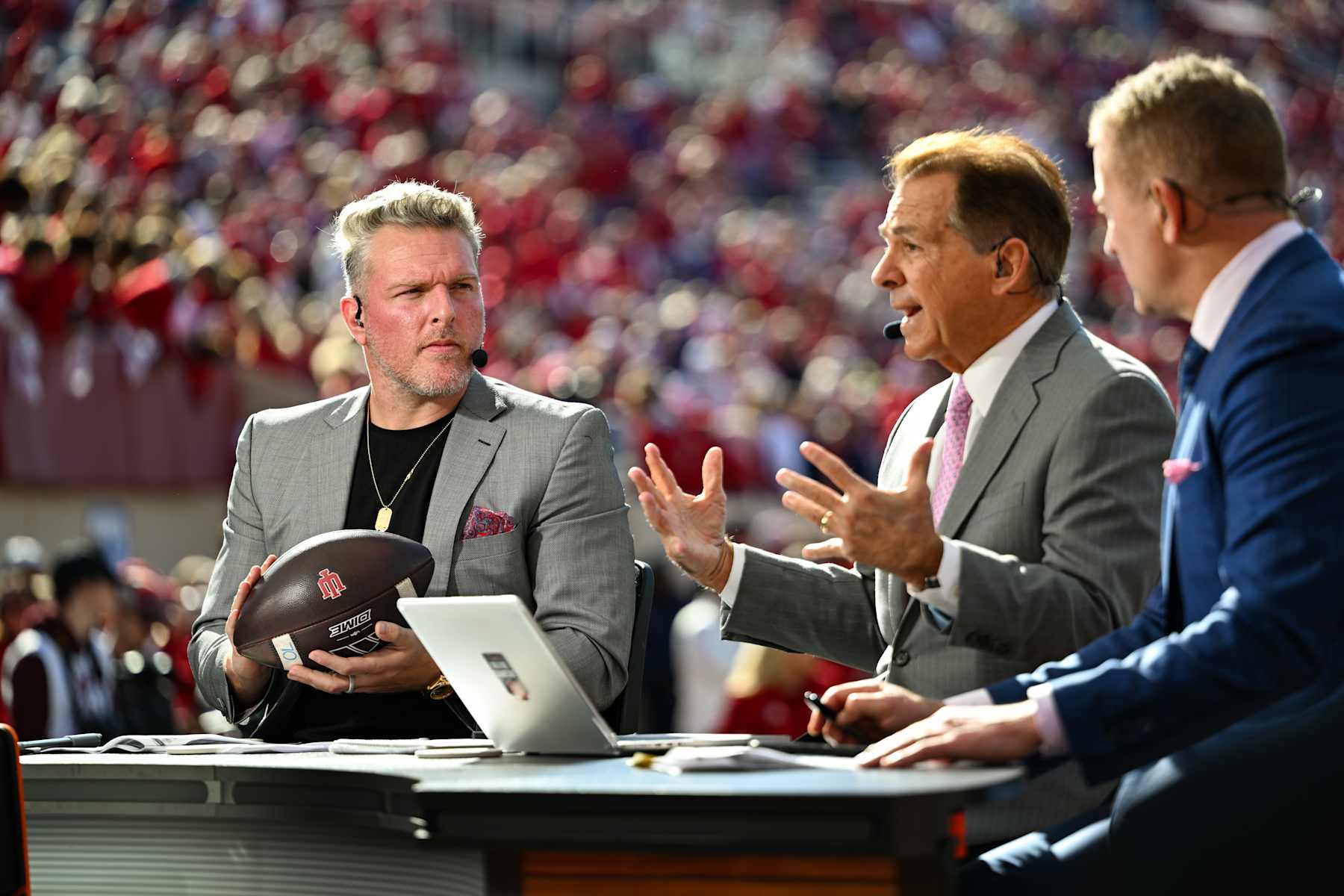 BLOOMINGTON, IN - OCTOBER 26: ESPN College GameDay analyst and former Colts punter Pat McAfee on set prior to a college football game between the Washington Huskies and Indiana Hoosiers on October 26, 2024 at Memorial Stadium in Bloomington, IN (Photo by James Black/Icon Sportswire via Getty Images)