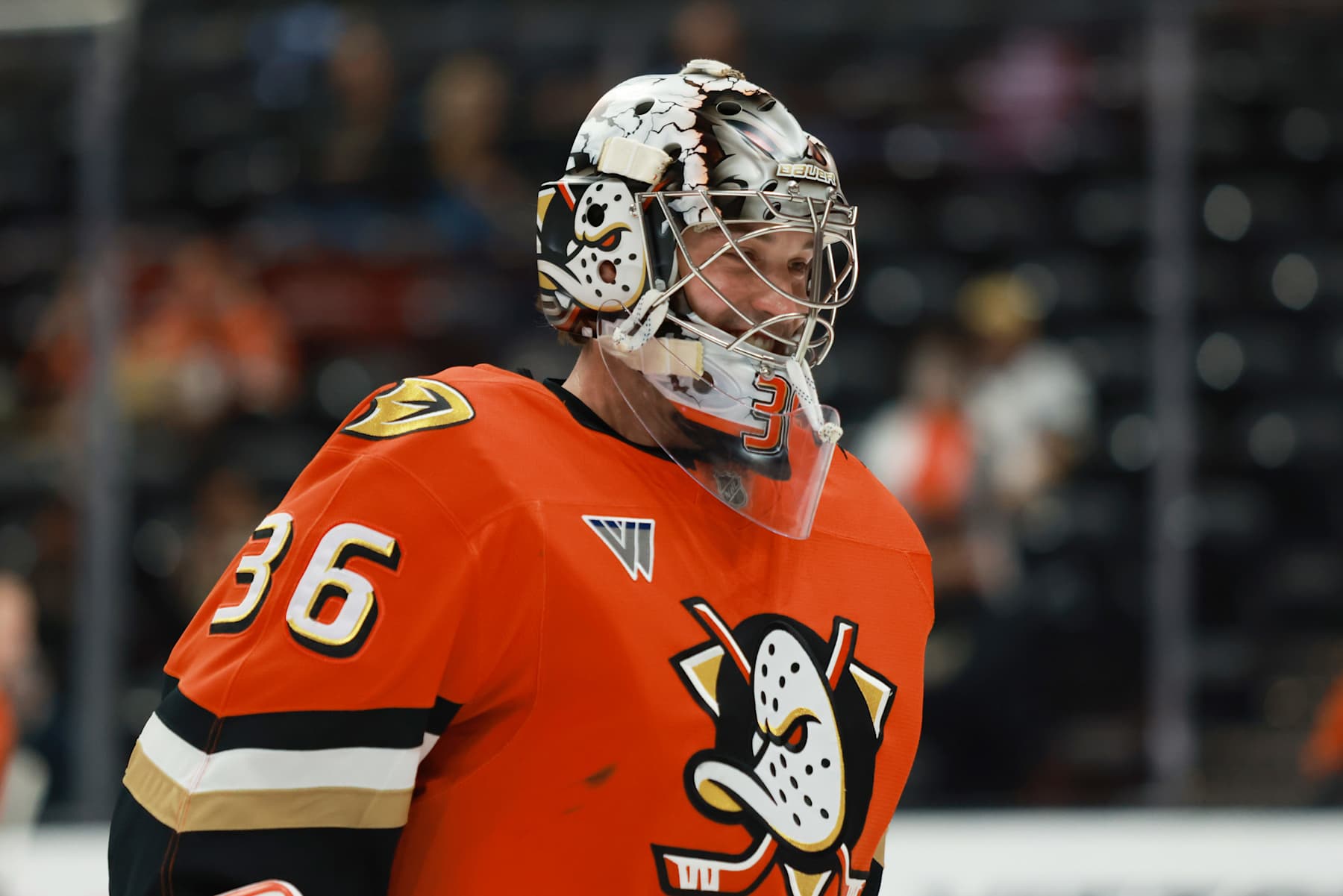 ANAHEIM, CALIFORNIA - DECEMBER 04: John Gibson #36 of the Anaheim Ducks smiles at warmups before the game against the Vegas Golden Knights at Honda Center on December 04, 2024 in Anaheim, California. (Photo by Nicole Vasquez /NHLI via Getty Images)